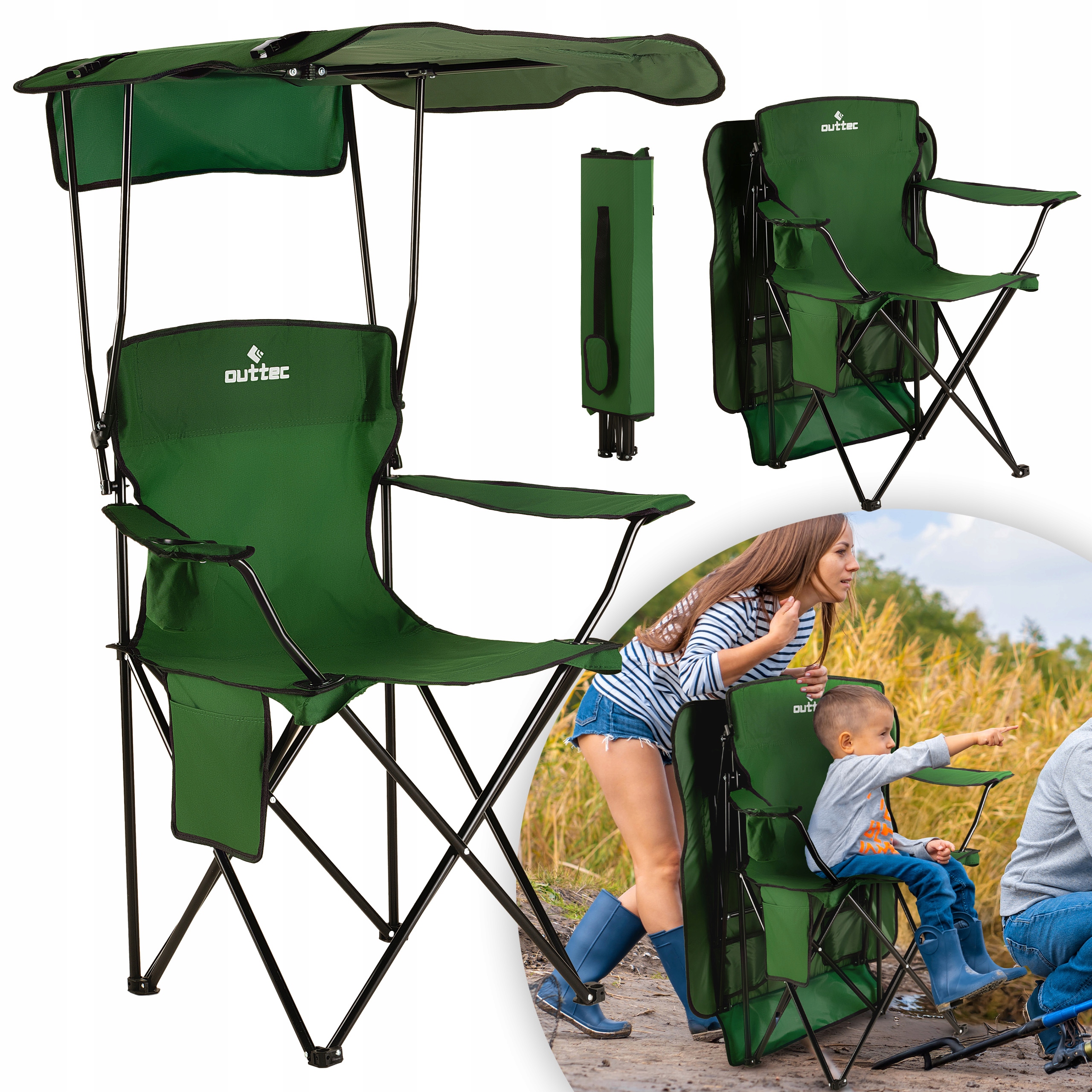 Krzesło Wędkarskie Turystyczne Składane Z Oparciem I Daszkiem Kempingowe