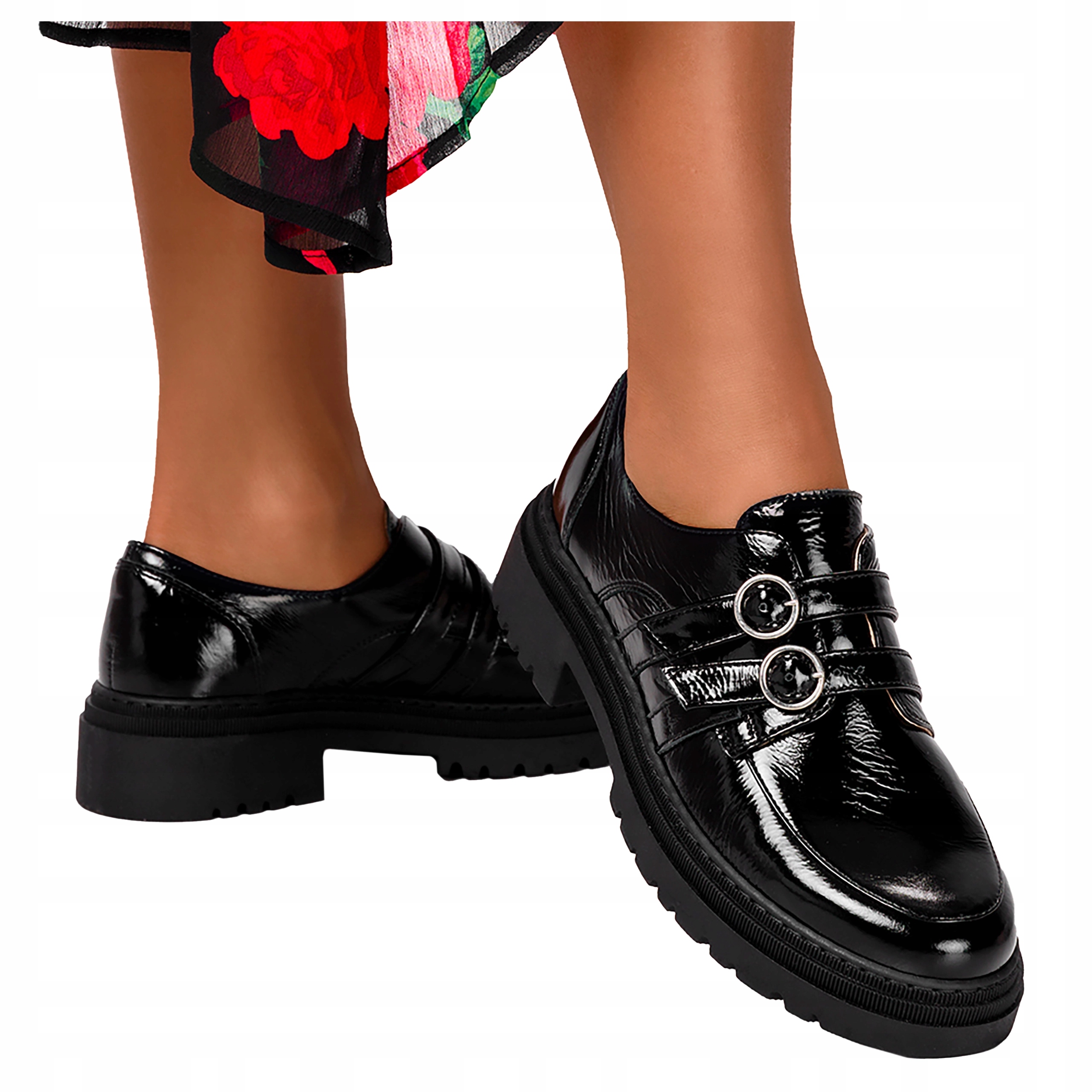 Mokasíny Kožené Polobotky černé s přezkami Platforma Produkt Polský vel. 38