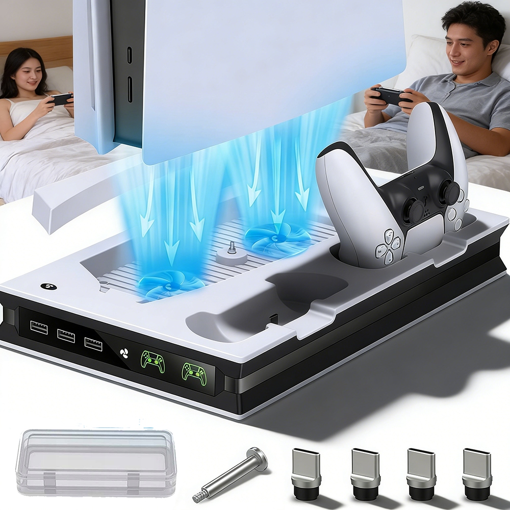 Stojak Chłodzący Do PS5 Z Podwójnym Wentylatorem I Ładowarką Padów Led