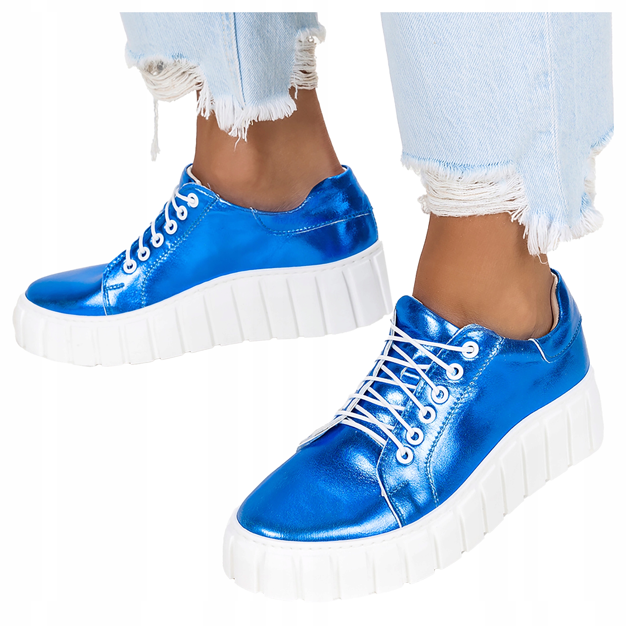 Modré Kožené Tenisky Metalické tenisky Polský Výrobek vel 38