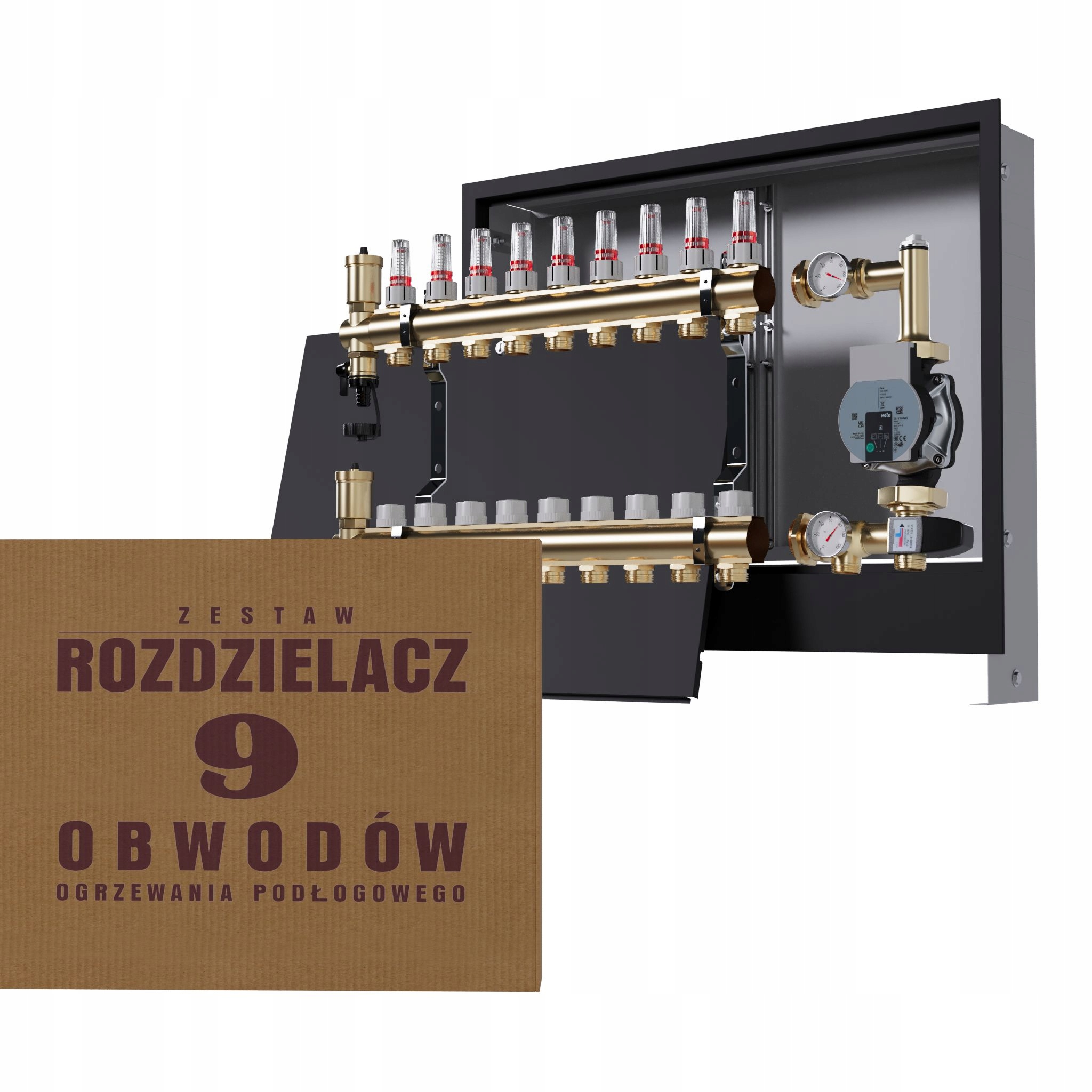 Rozdělovač pro podlahovku 9 okruhů se skupinou Wilo, podomítkový box, černý