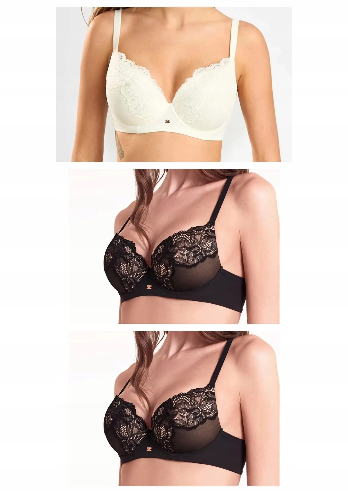 Lormar Saten 1900 podprsenka plunge push-up 3 ks 2x černá ecru 90C