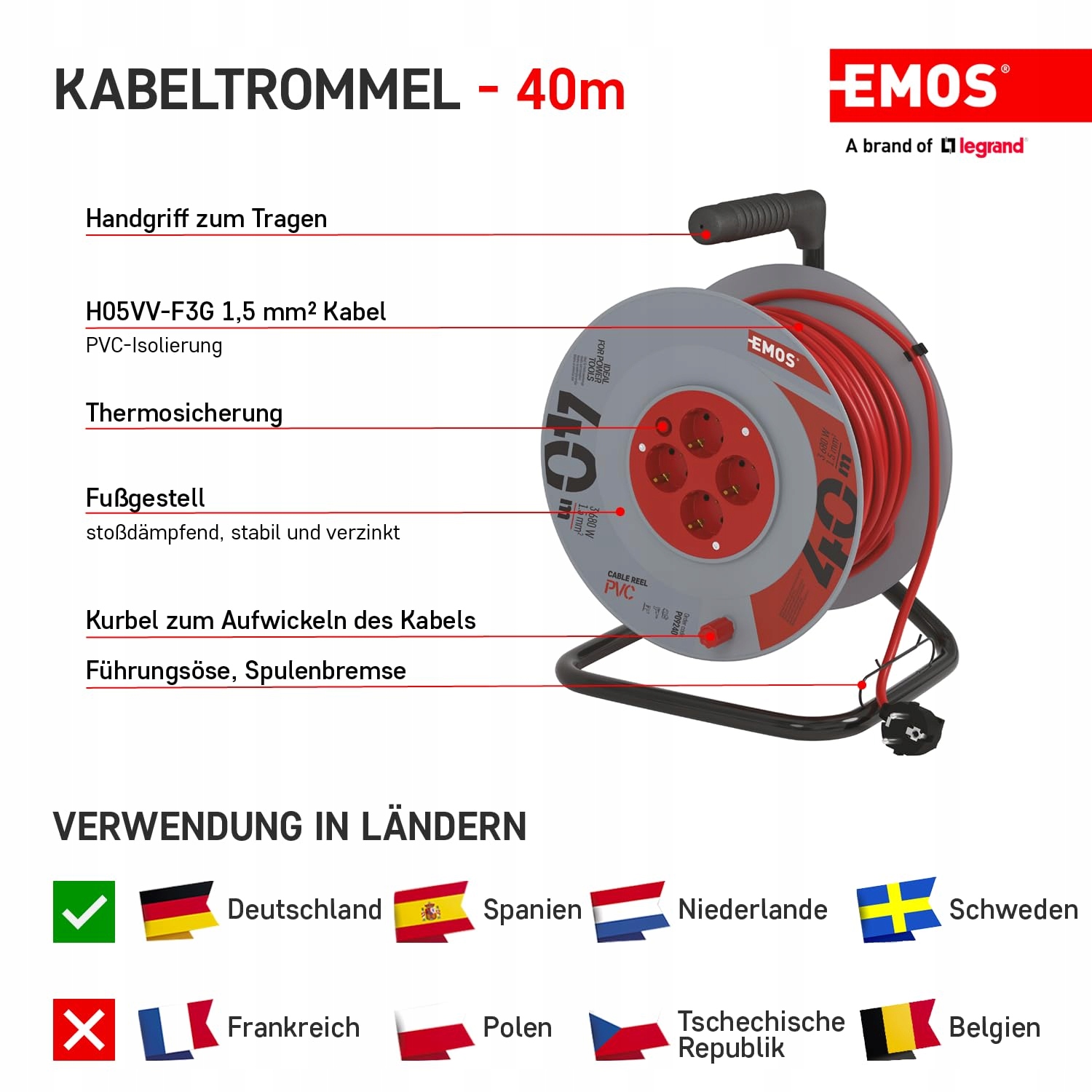 EMOS Kabel Na Bębnie 40m 4 Gniazda Schuko 230V 16A 3680W PVC IP20 Wewnątrz — miniatura 3