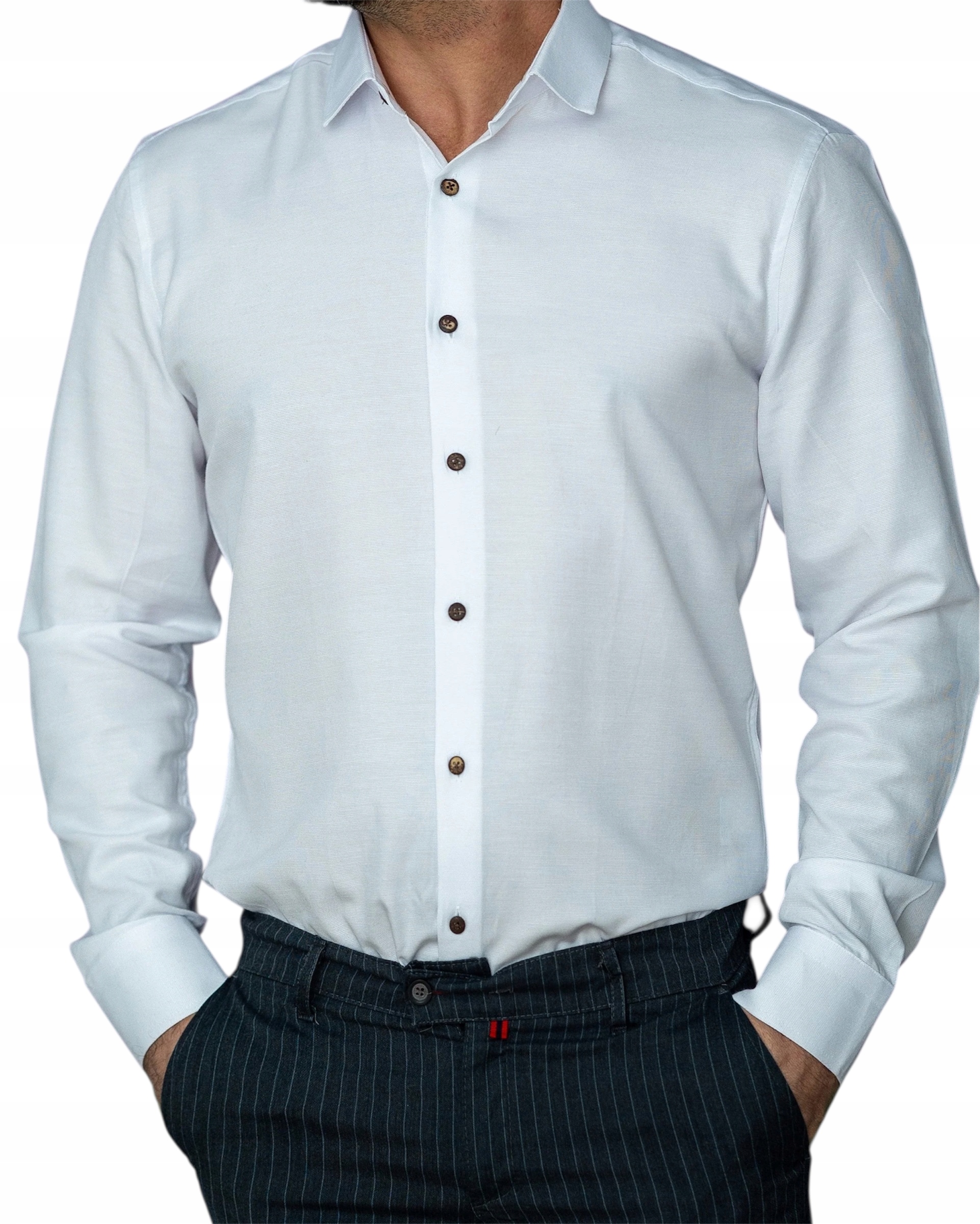 Lněná bílá pánská košile Elegantní Klasická hladká Len Slim Fit M