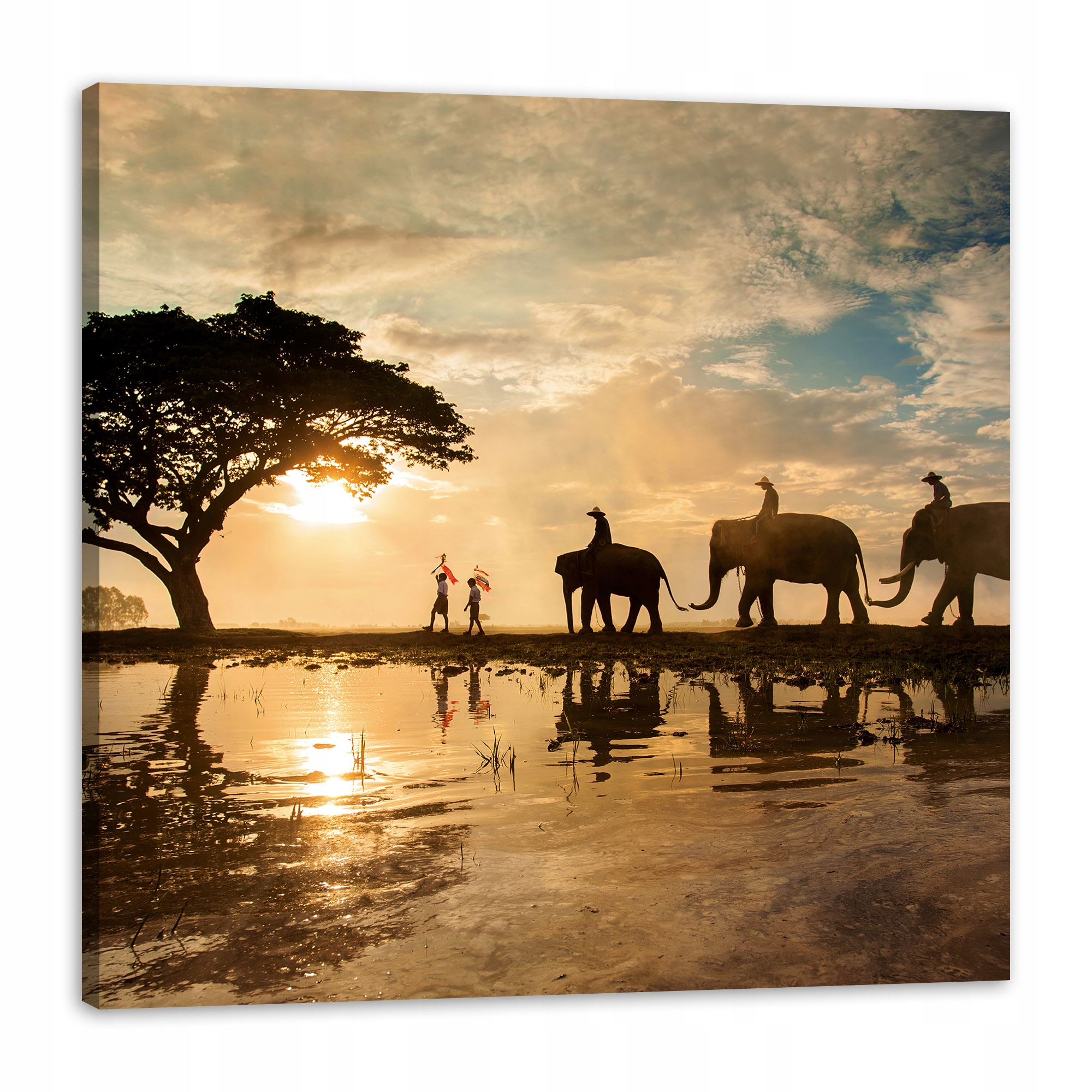 Obraz na plátně Lidé na slonech Západ slunce Afrika Savana 80x80 cm