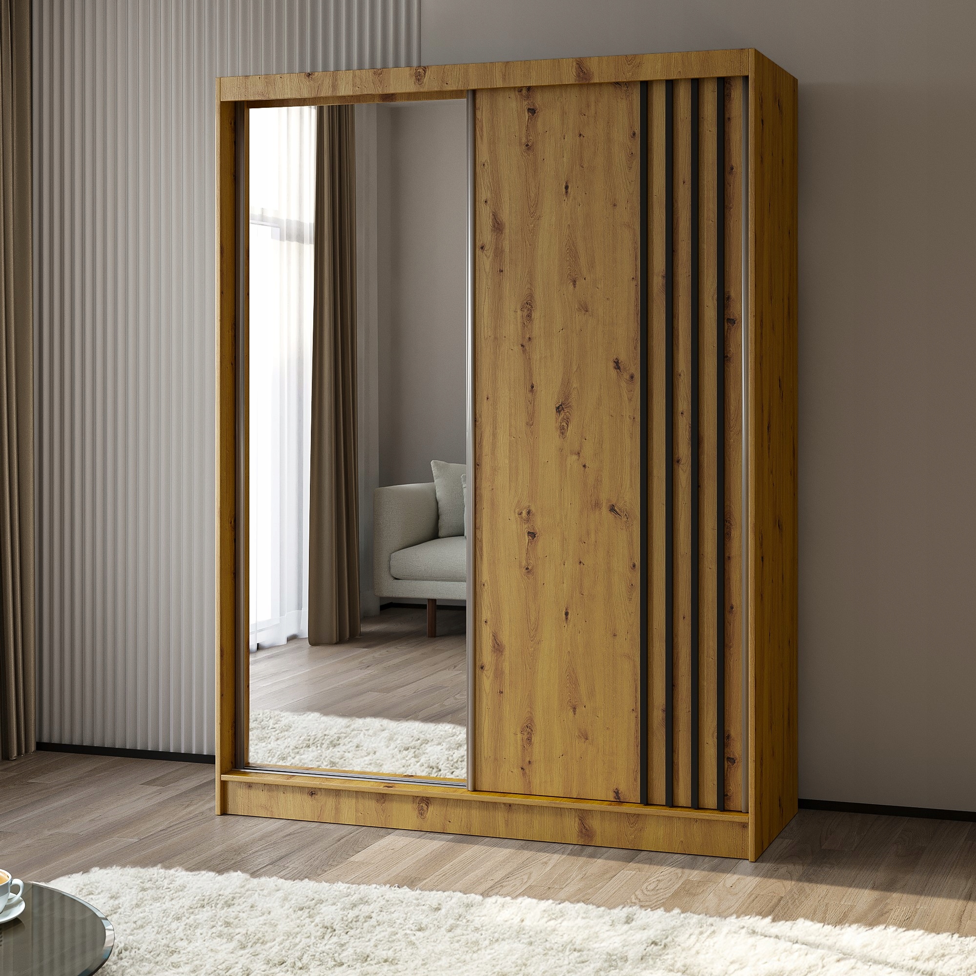 Skříň Nelvia 160 cm Skříň se zrcadlem Posuvná dub artisan
