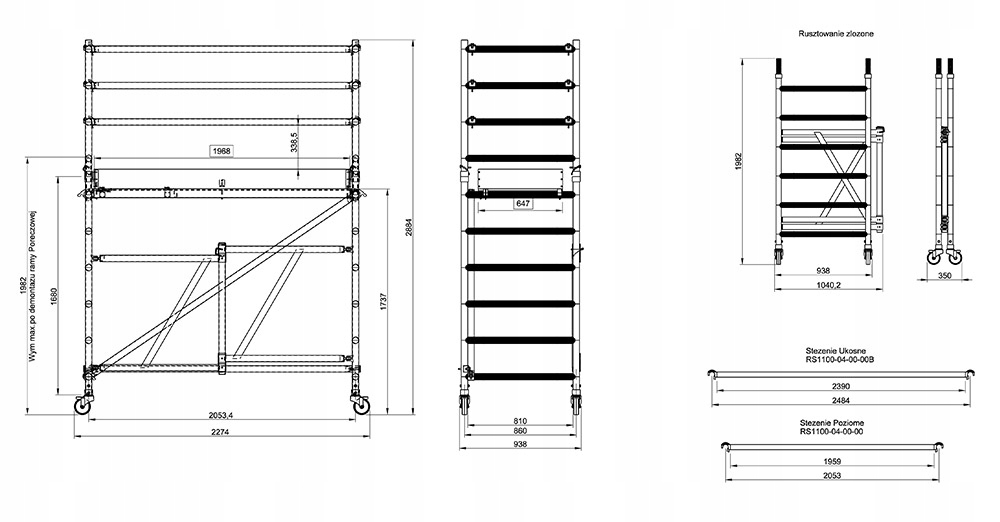 Rusztowanie przejezdne Drabex RS1000/R rozbudowane Maksymalna wysokość robocza 3.74 m