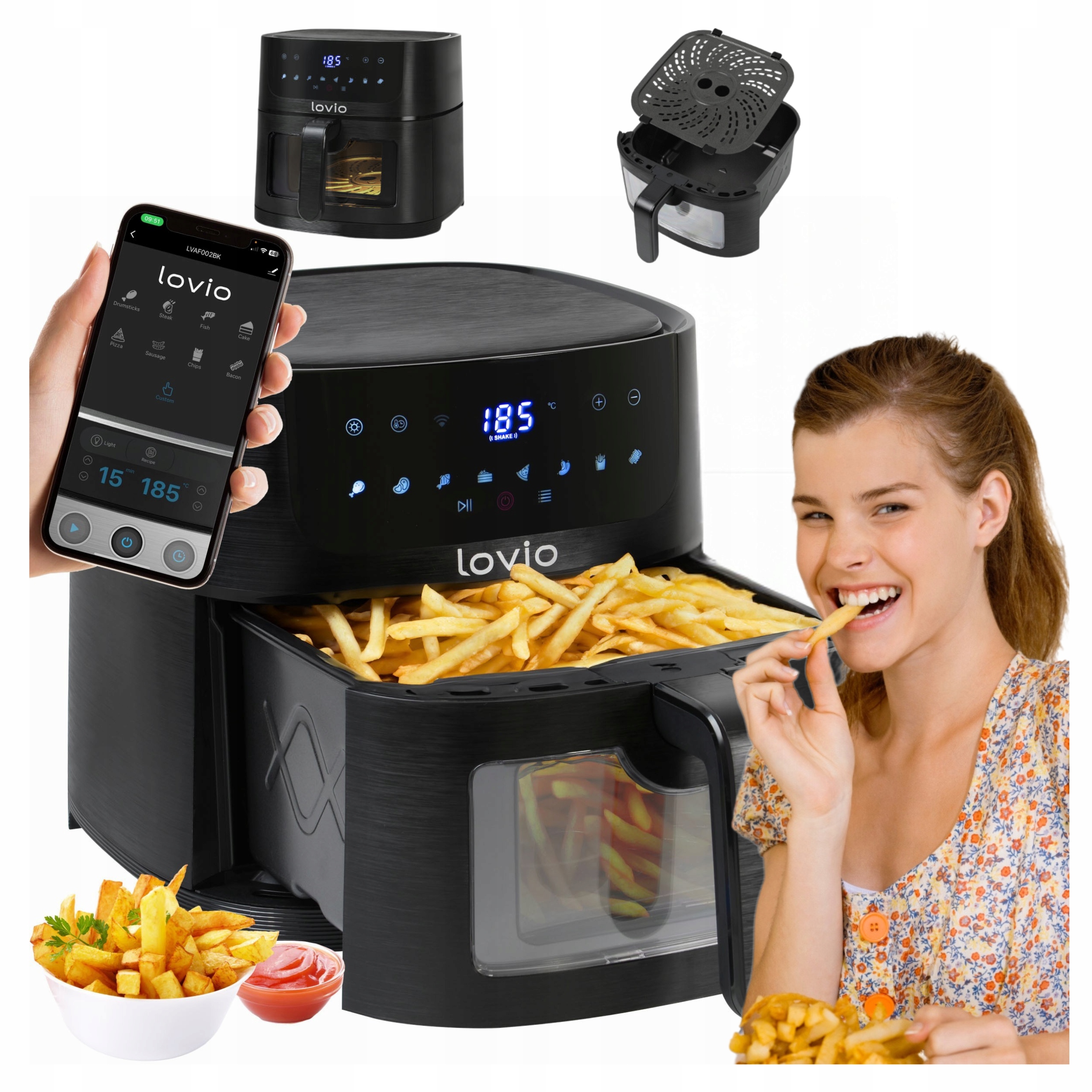 Frytkownica Beztłuszczowa Air Fryer Duża Frytownica Lovio 6L Aplikacja Wifi
