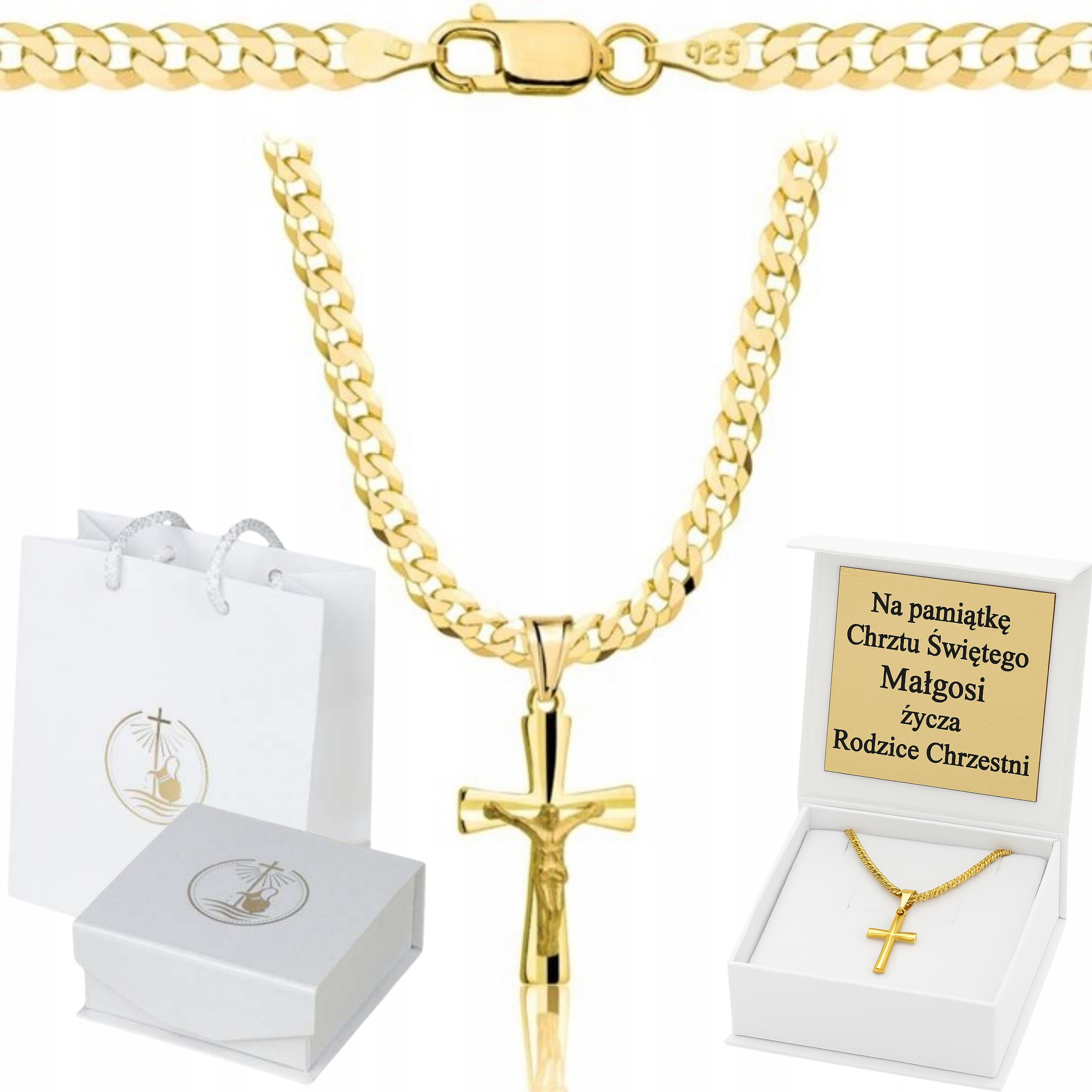 Zlatý Řetízek S Křížkem Pr 925 585 Gravírování 3,8 MM Dárek Ke Křtinám Svatého