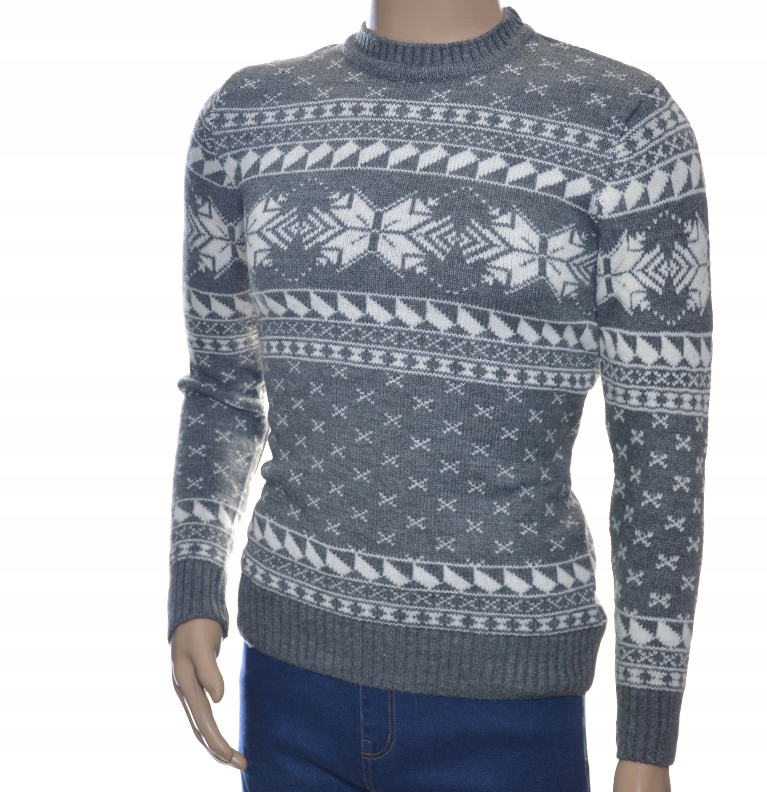Pánský teplý vlněný svetr z vlny s norským vzorem, velikost M, šedá