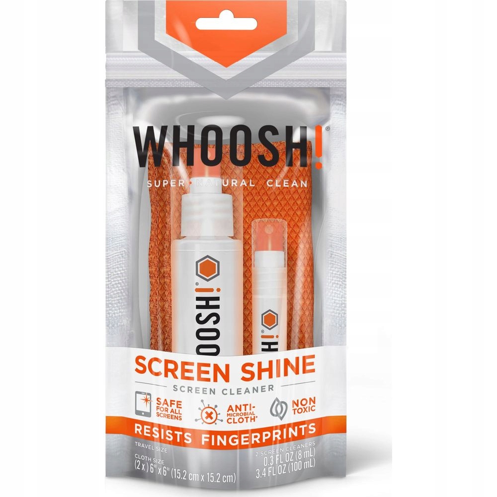 Płyn do czyszczenia ekranów Whoosh zestaw 1 x 100ml 1x8ml 2 x ściereczka