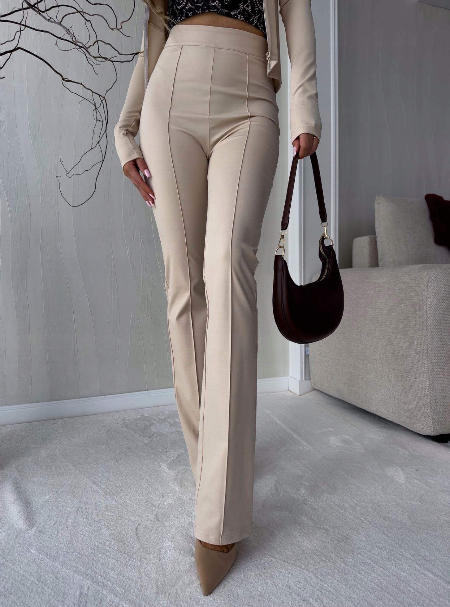 Spodnie materiałowe Dzwony By Me jasny beż M