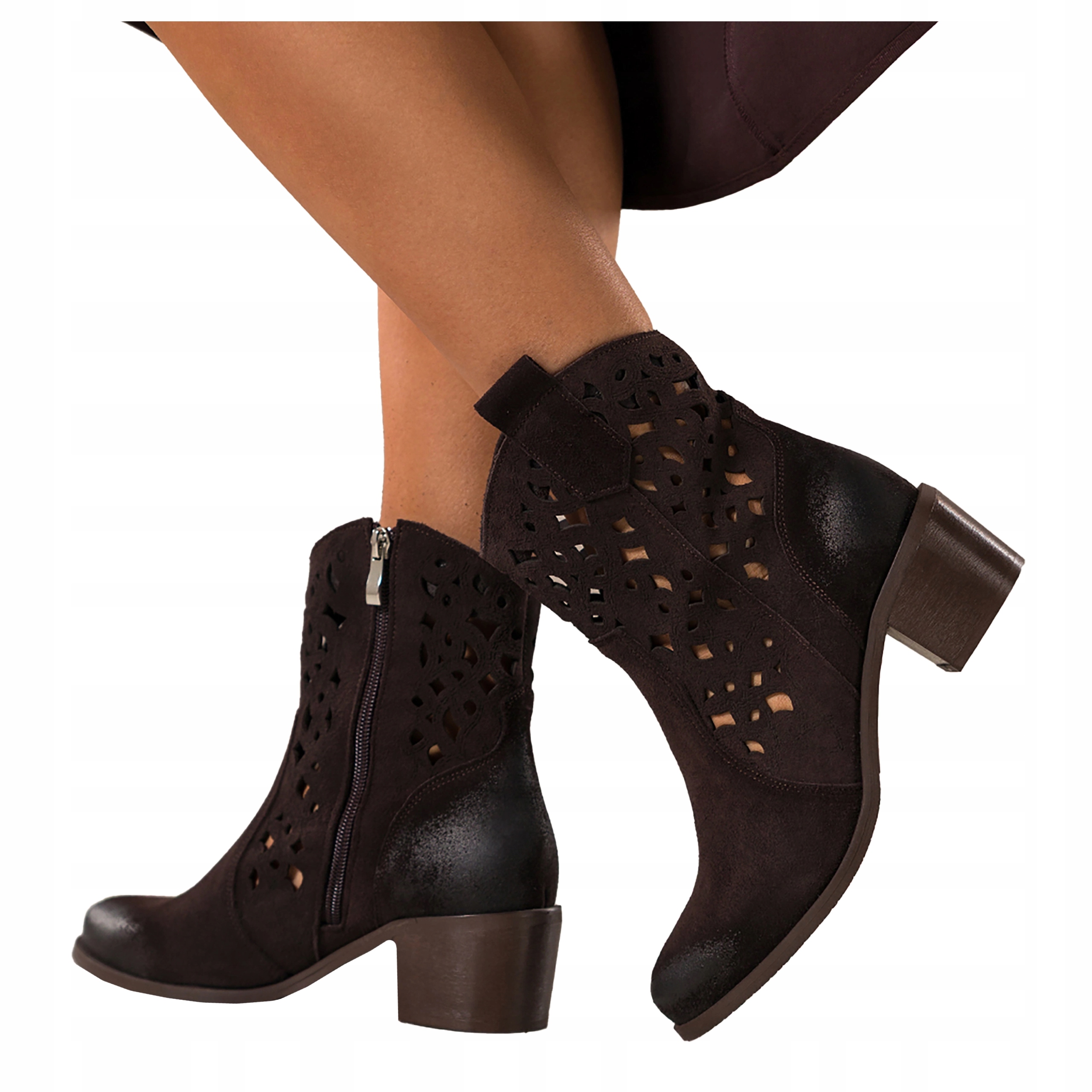 Dámské Kotníkové Boty Čokoládové Kozané Kovbojské Boty Ažurové Zkosené Podpatky Módní vel. 38