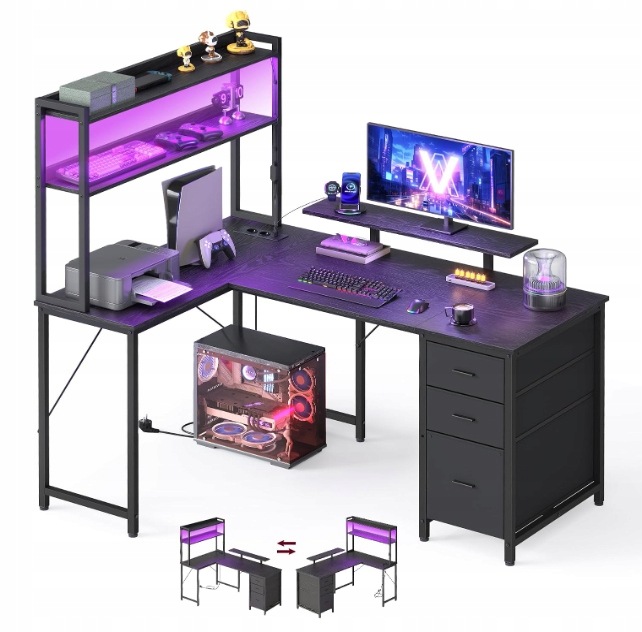 Biurko narożne z półkami Szafka nadstawka pod monitor Led czarne 140 x 100