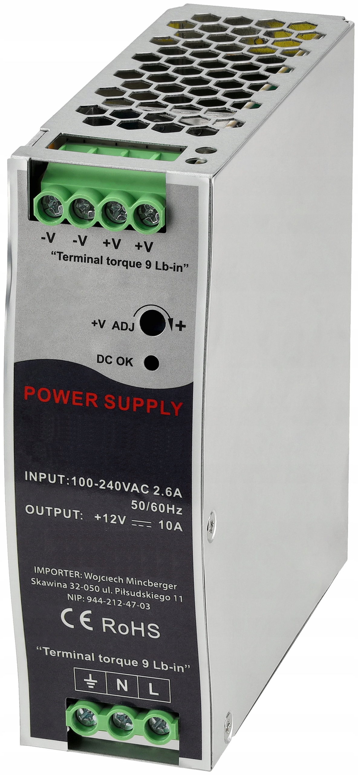 Zasilacz Na Szynę Din 12V 120W 10A Do Taśmy Led Aluminiowy Regulowany