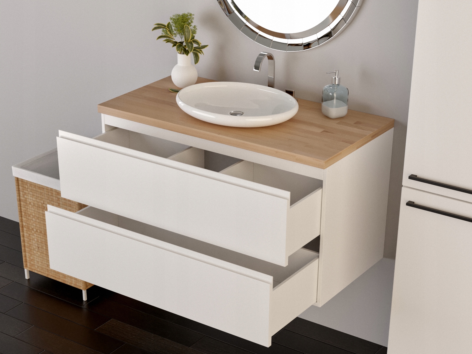 Szafka łazienkowa z drewnianym blatem połysk