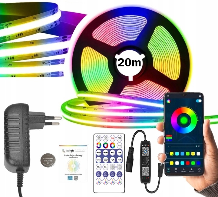 Led Páska 20M (2x10m) Cob Neon Rgbic 576/m Bluetooth Aplikace Dálkový Ovladač Set