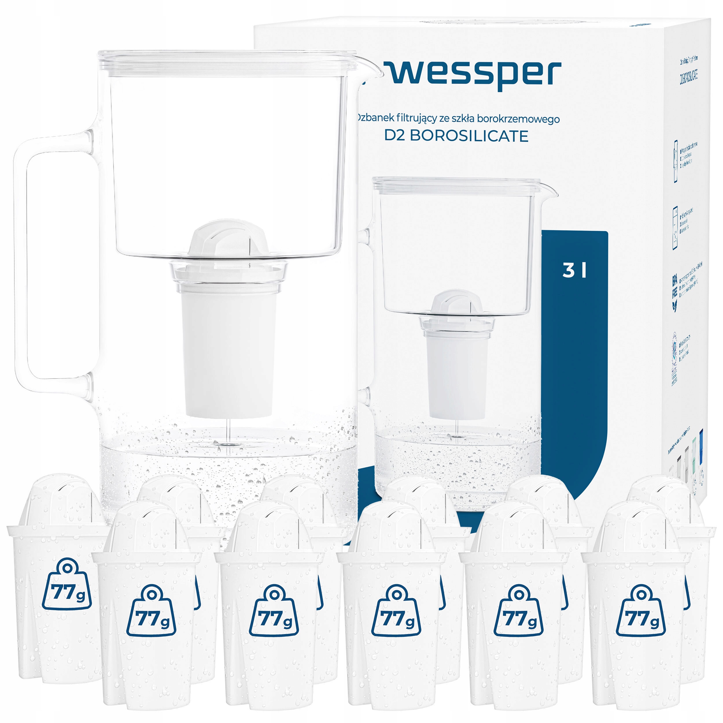 Szklany dzbanek filtrujący Wessper D2 Borosilicate 3l 12x filtr