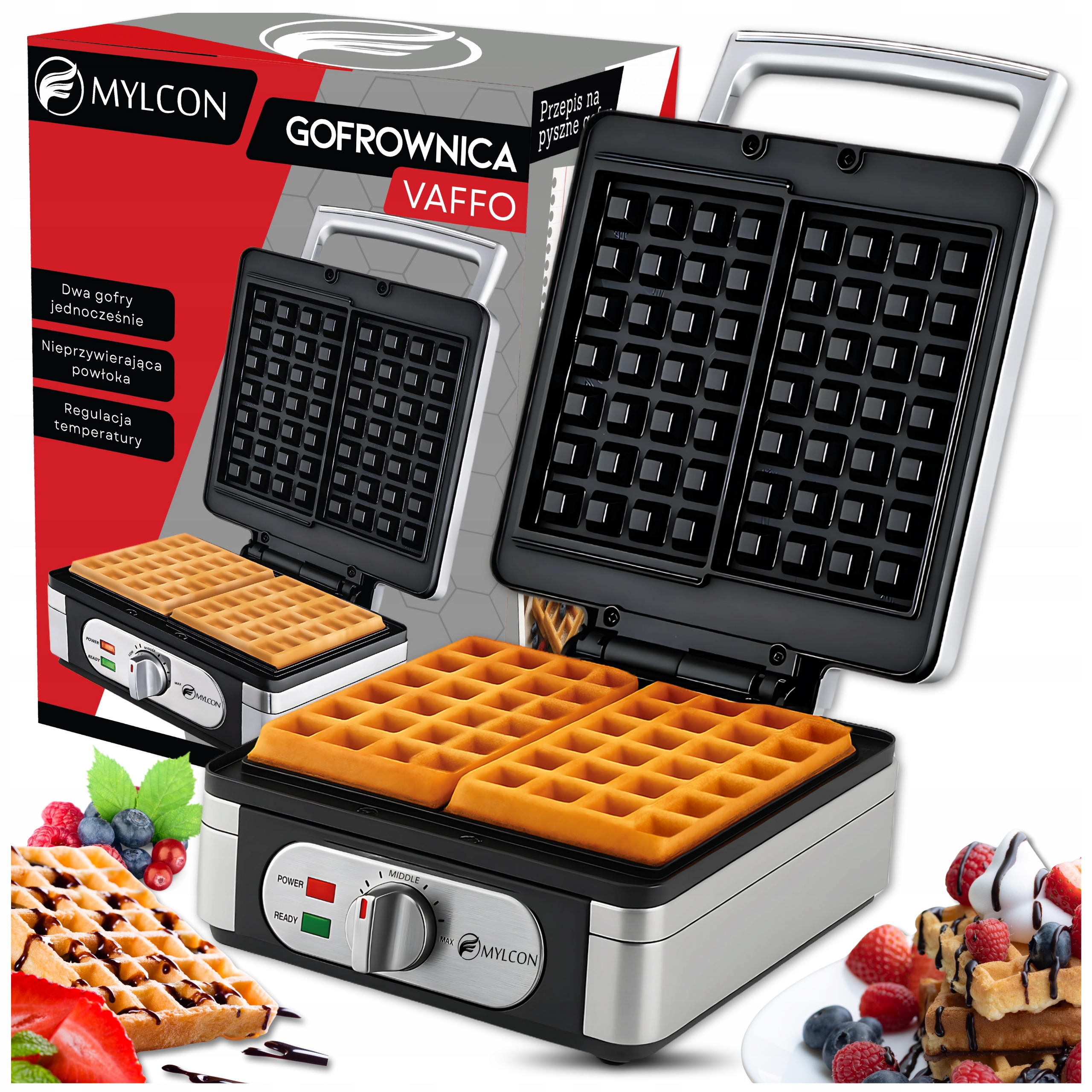 Mocna Gofrownica Mylcon Z Regulacją Temperatury 2 Duże Chrupiące Gofry XXL