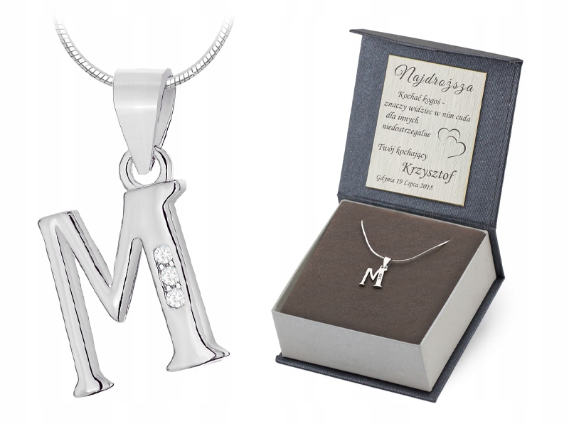 Stříbrná Souprava ryzost 925 Řetízek 55cm a Přívěsek Zirkony Písmeno M