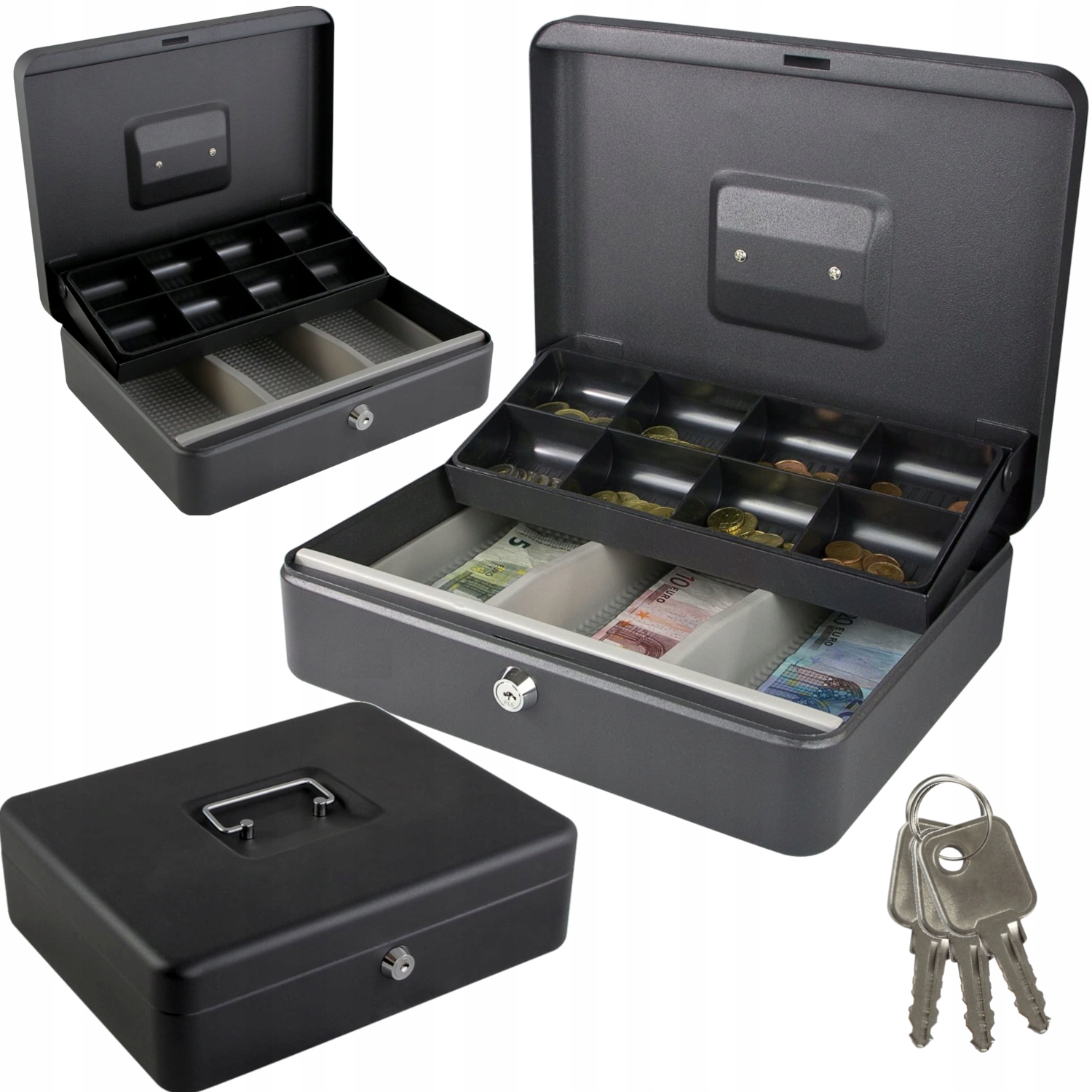 Kasetka Metalowa Na Pieniądze Bilon Banknoty Sejf 300x240x90 mm 3 klucze