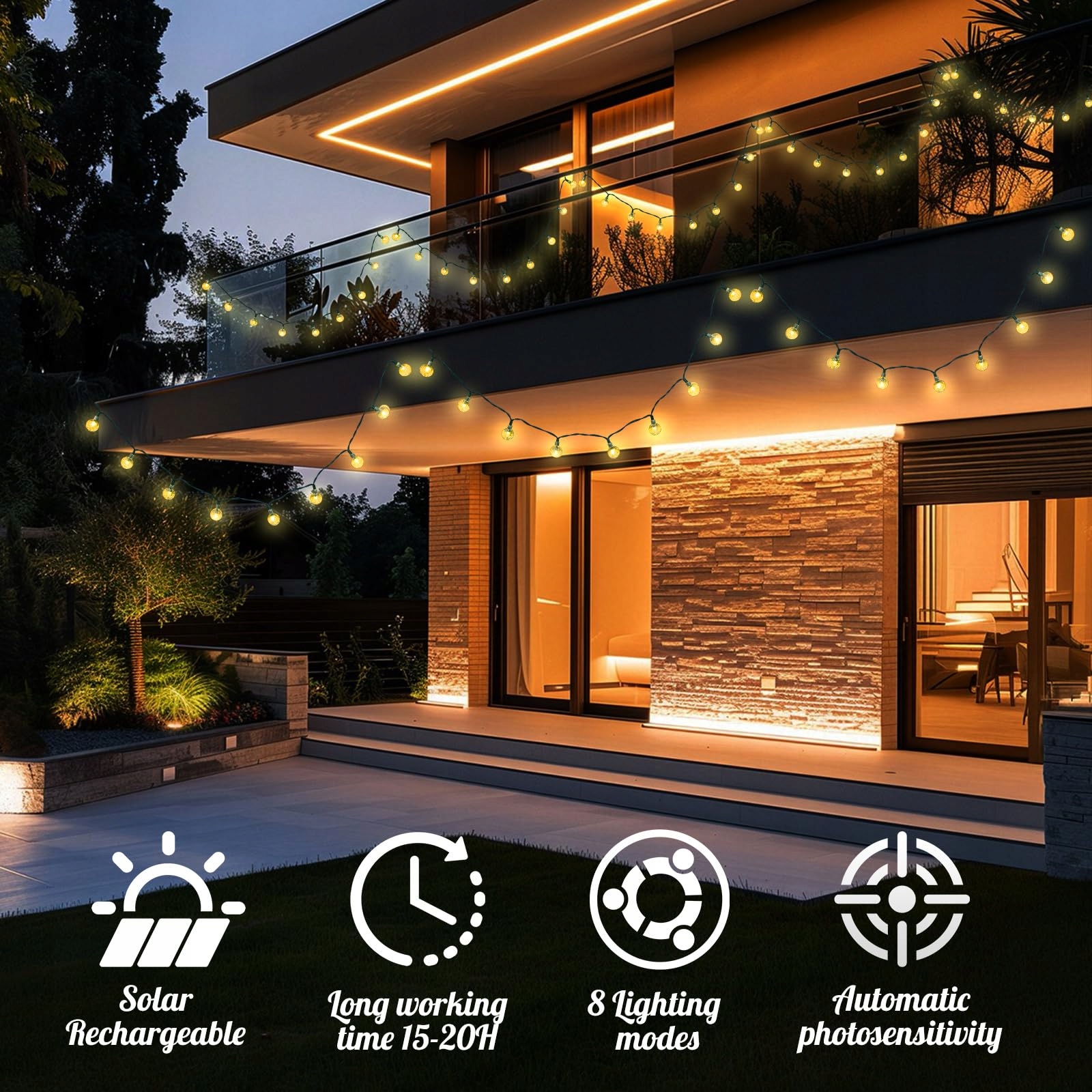 BIGQIN Solarna Girlanda Zewnętrzna 69M 50 LED IP65 8 Trybów Ciepła Biel — miniatura 5