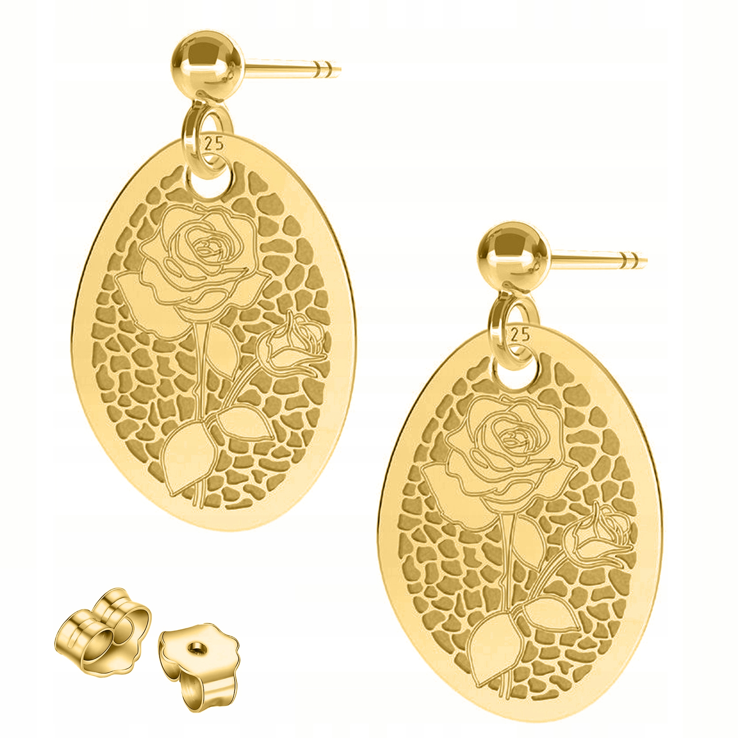 Zlaté Náušnice Plechy s růžemi Květiny Růže Květina Róza Stříbro 925