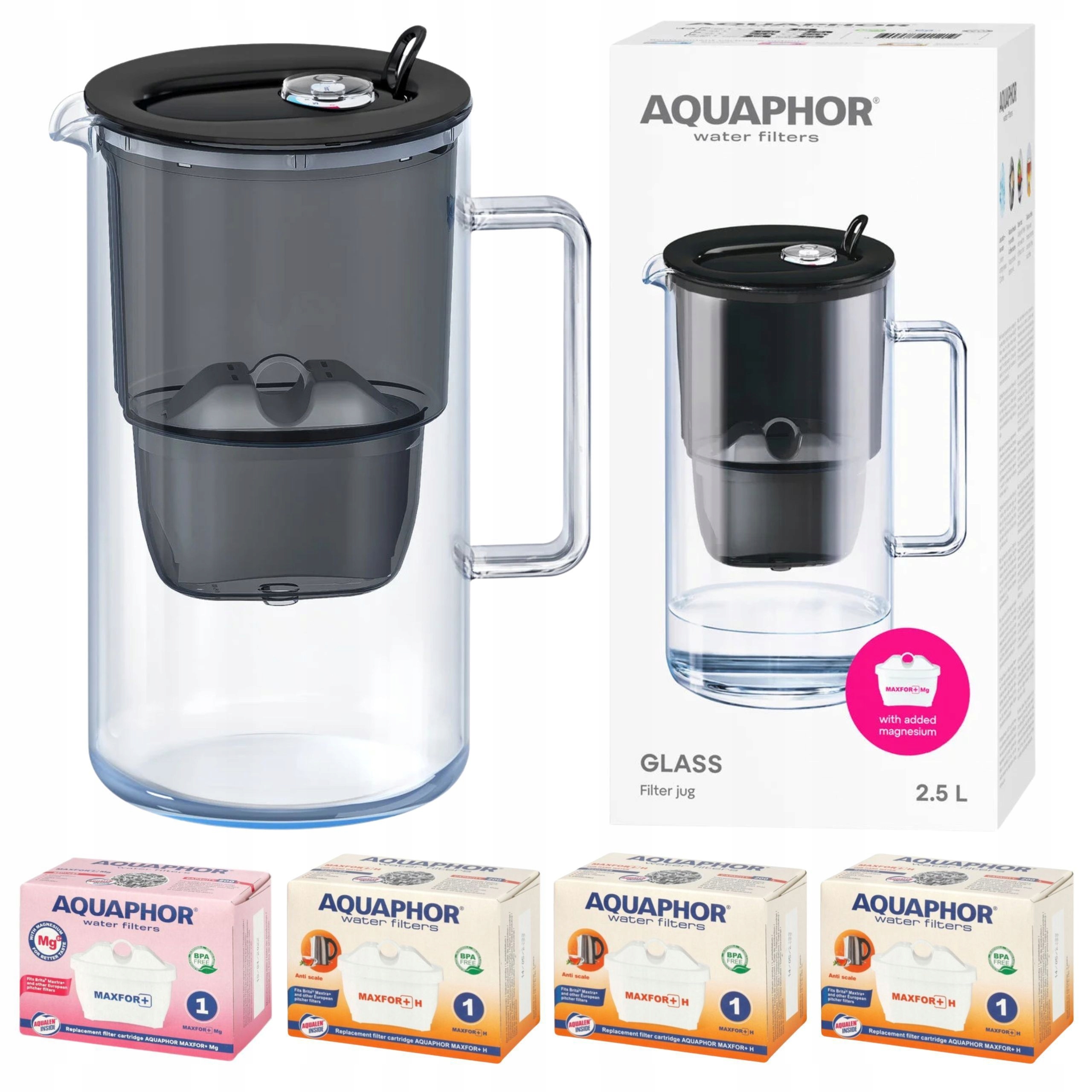 Džbán Aquaphor Glass černý 2,5L skleněný na vodu 4 filtry Maxfor (1Mg+3H)