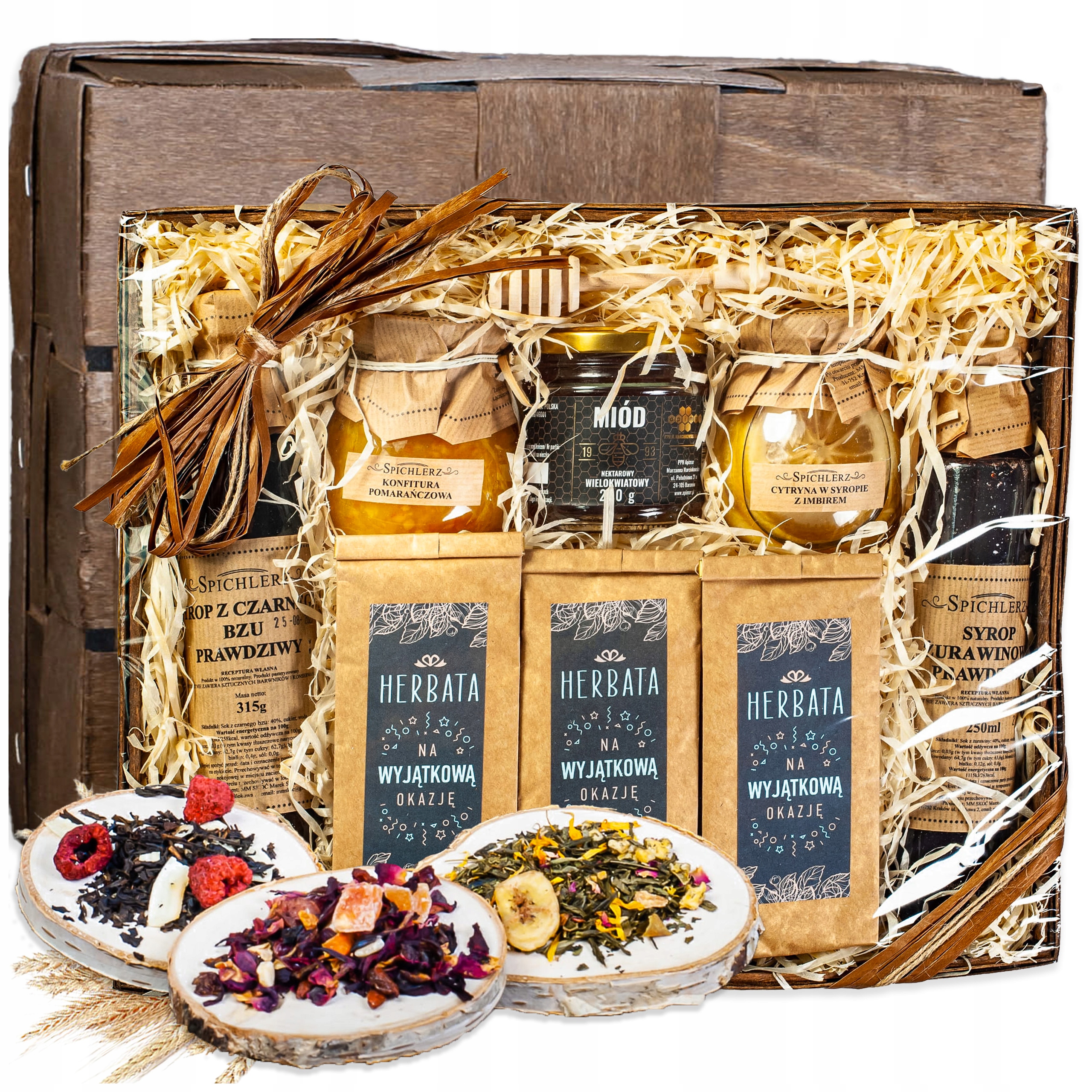 Kosz Prezentowy herbaty syrop konfitury miód Zestaw upominek