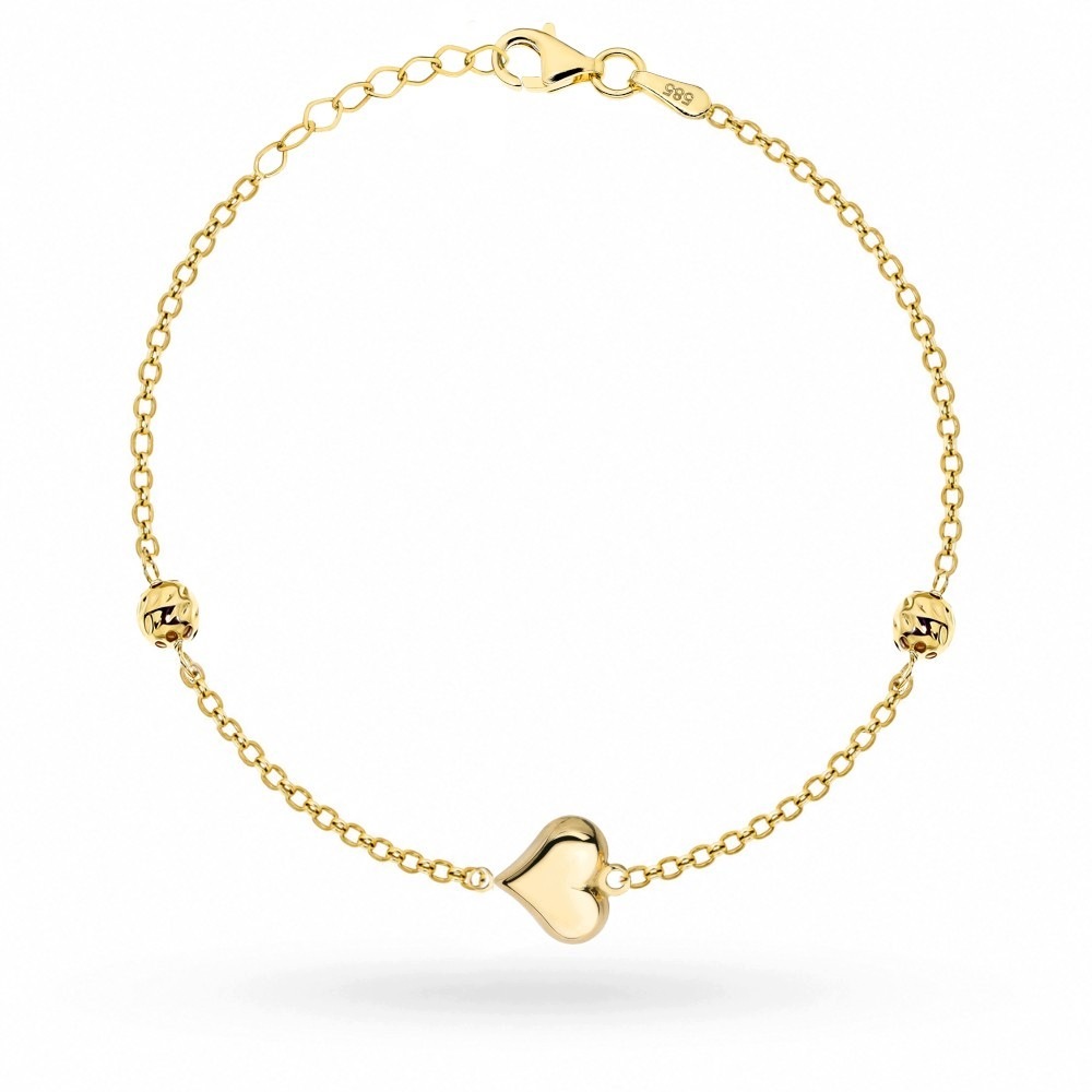 Zlatý Náramek 585 Rolo, Diamantové Kuličky, Srdce 19,5 CM