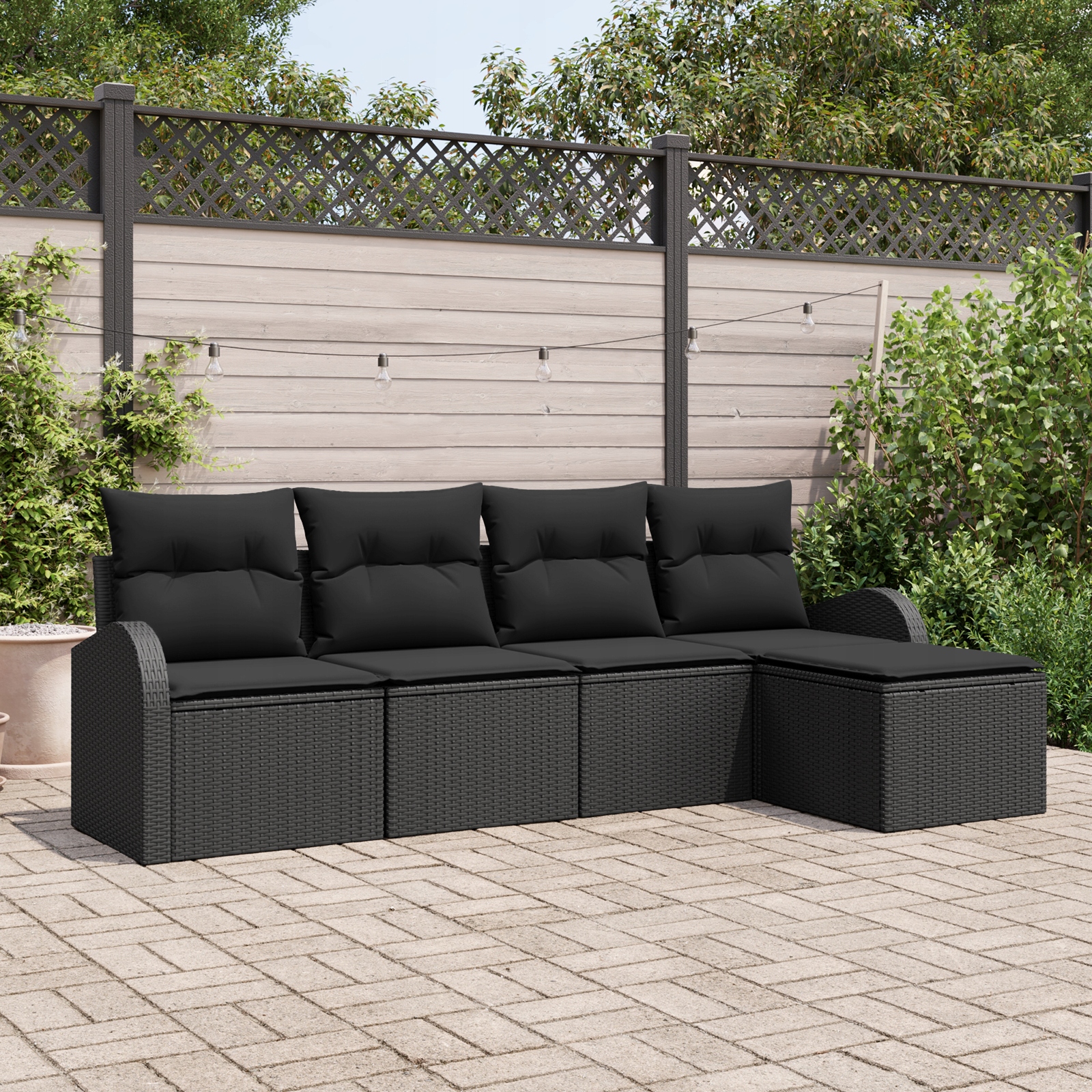 Modulární zahradní rohový set z polyratanu, černý, pro 4 osoby, hloubka 70 cm