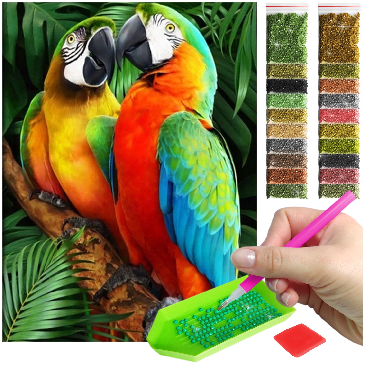 Haft diamentowy diamond painting mozaika dla dzieci 5d papuga las drzewo