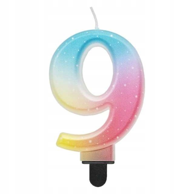 

Świeczka na tort Cyfra 9 tęczowa Pastel urodziny