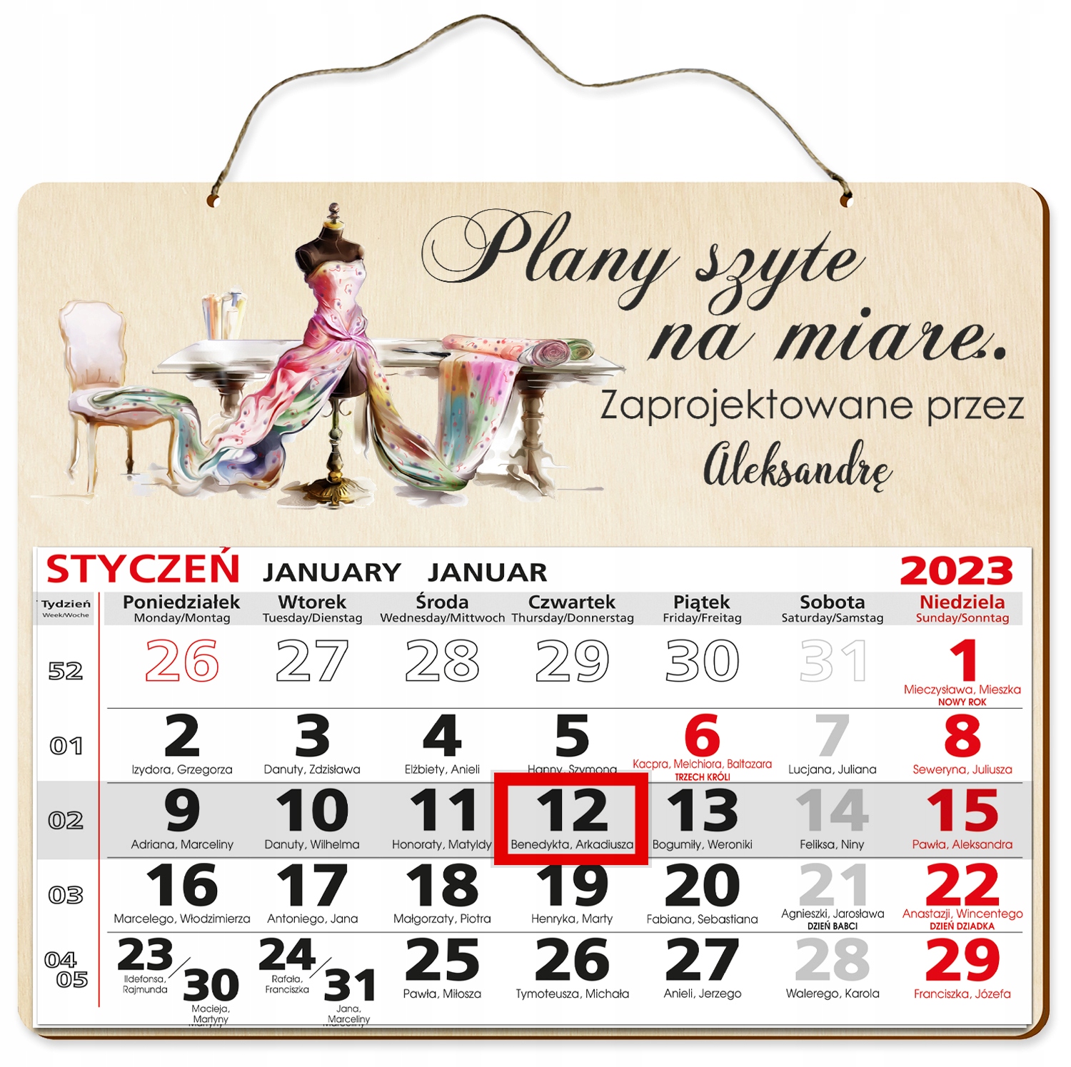 

Drewniany Kalendarz 2023 Krawcowa Krawiec