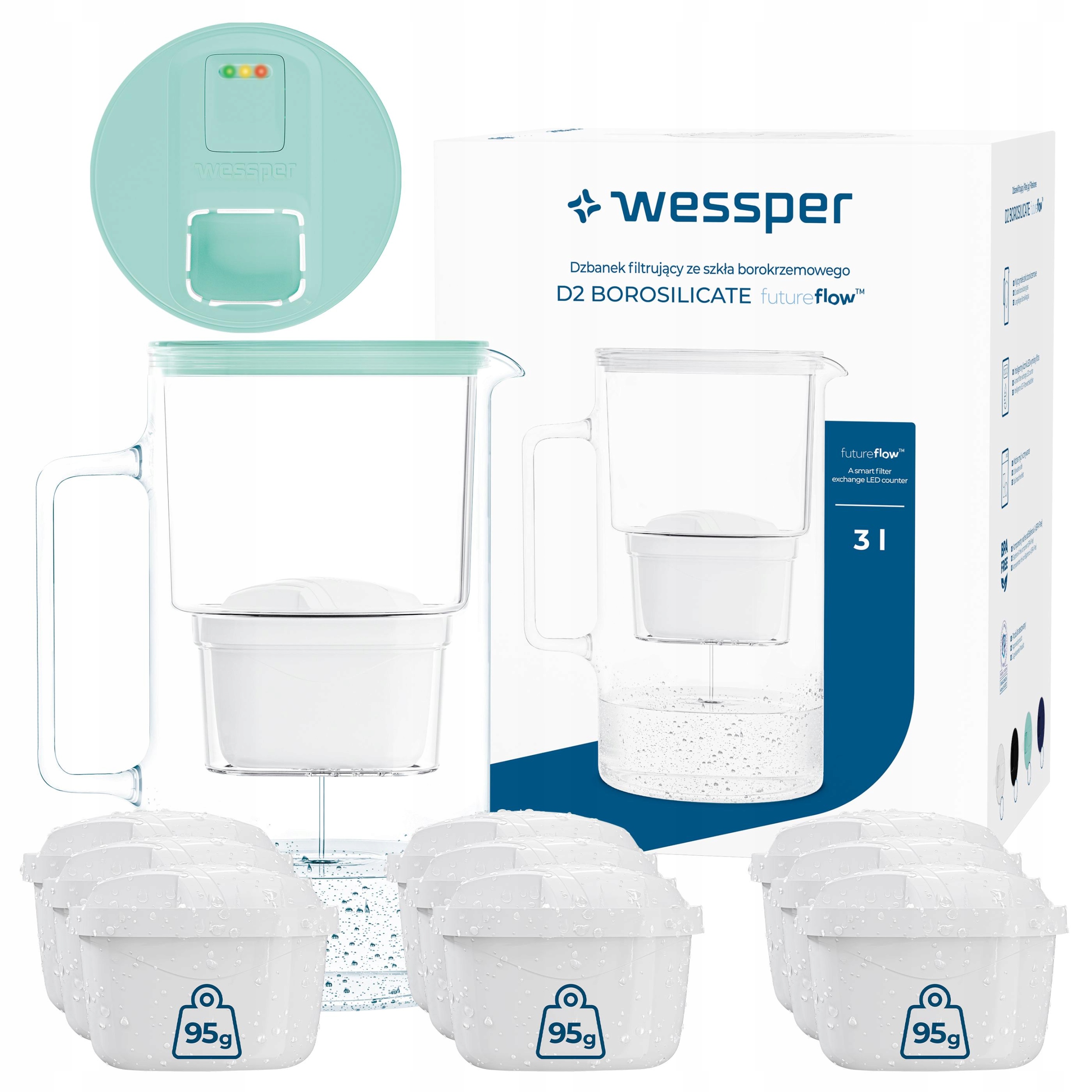 Szklany dzbanek filtrujący z licznikiem Wessper D2 Borosilicate 10x filtr