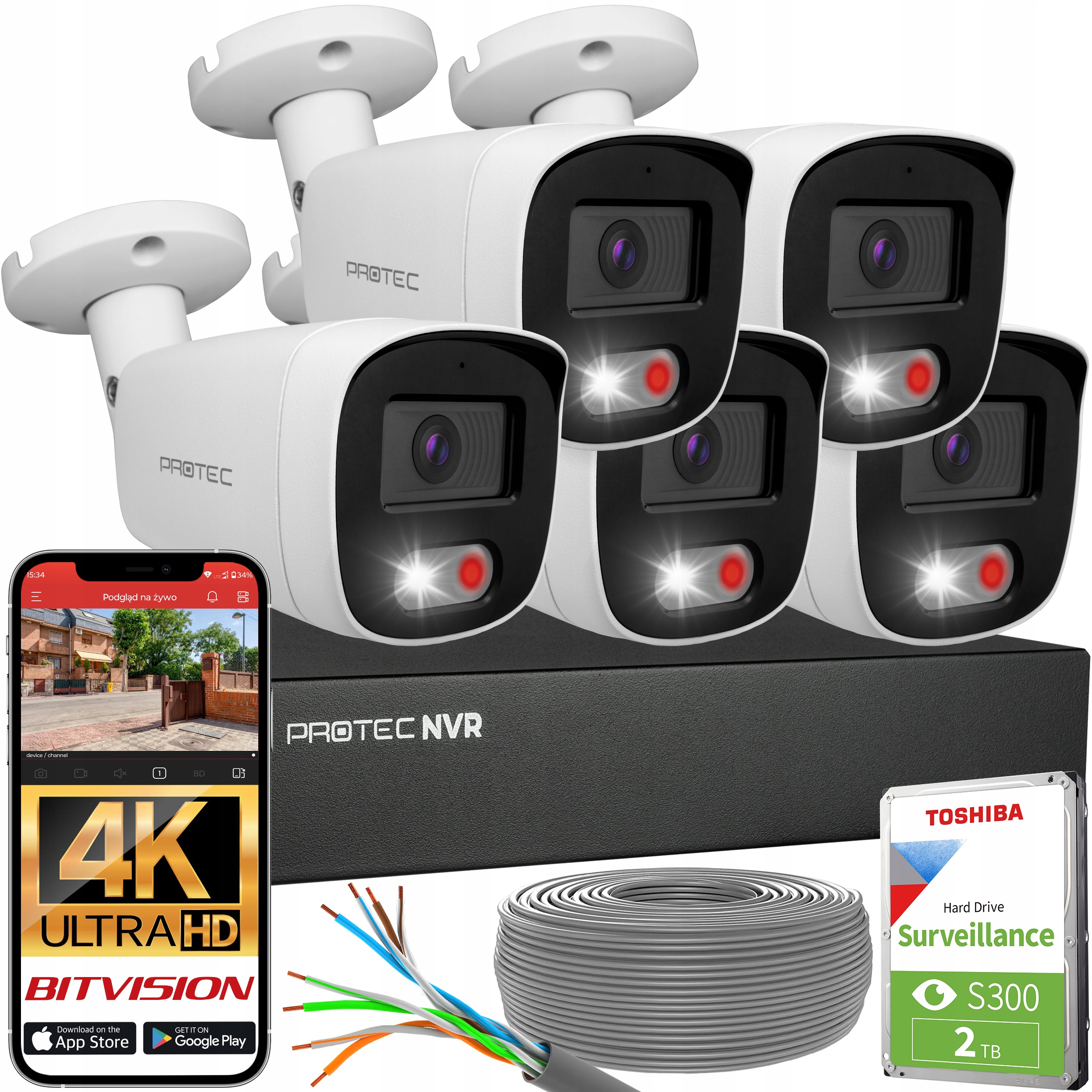 Zestaw do monitoringu 5 kamer Ip PoE 8Mpx Hdd 2TB Detekcje Ruchu Mikrofon