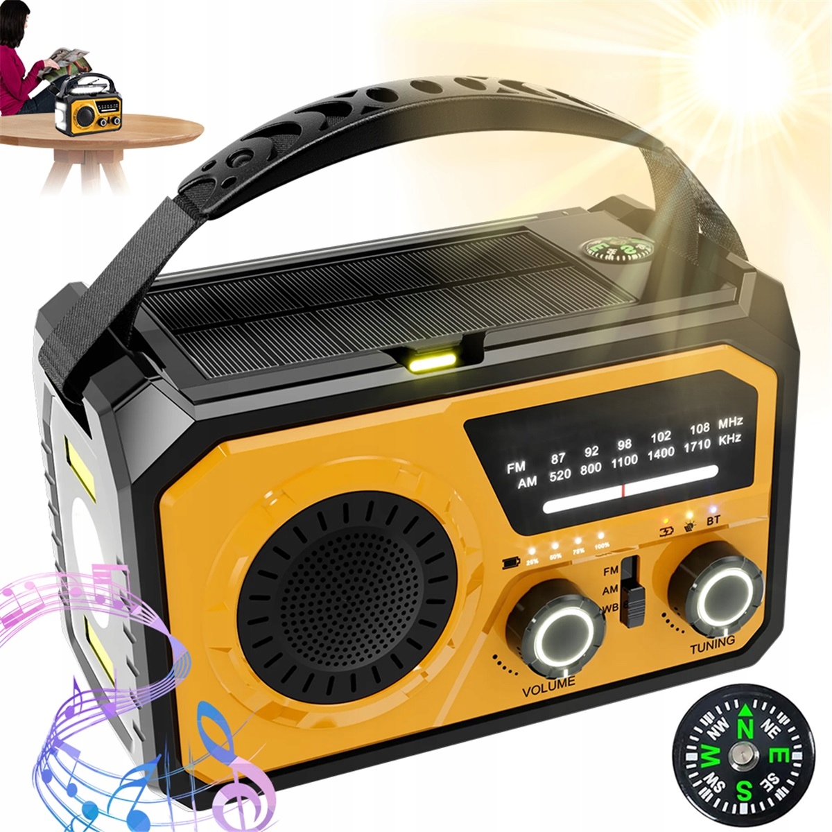 16000 mAh núdzové rádio Bluetooth 5.3 s baterkou a solárnym panelom, žlté
