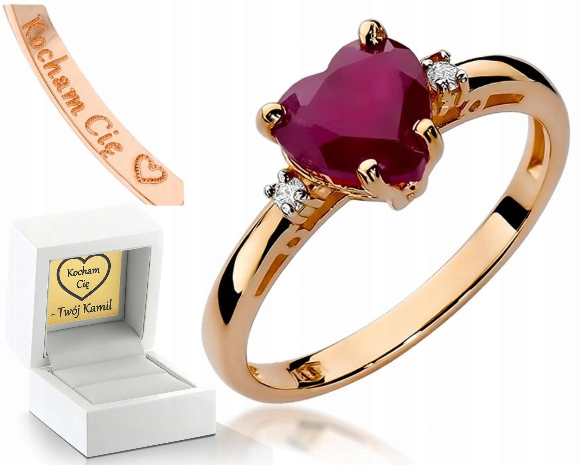 Růžové Zlato Prstýnek Srdce Rubín Diamanty 585