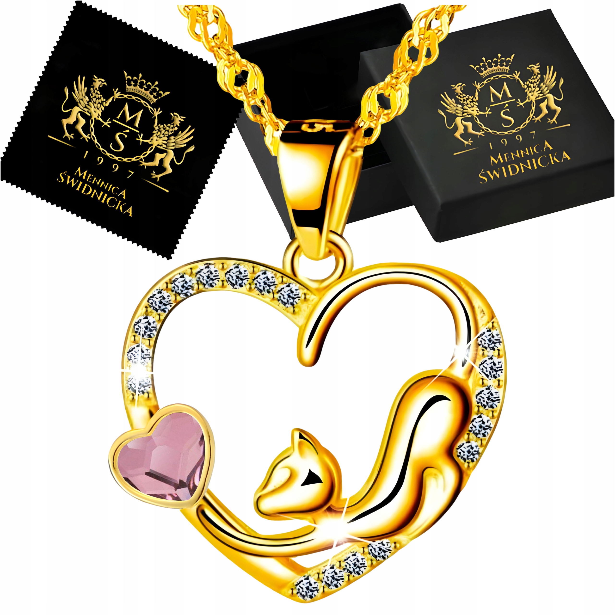 Náhrdelník Zlatá Kočka Srdce Stříbro 925 S Zirkony Dárek pro každou ženu