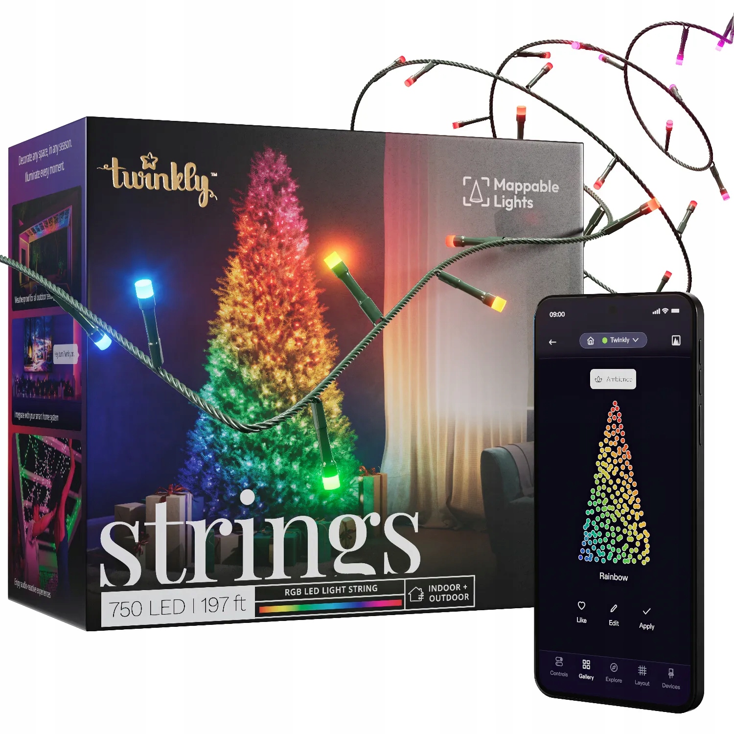 Twinkly Strings 750 Led Rgb, 60 m, černý kabel, Wi-Fi/Bluetooth, IP44