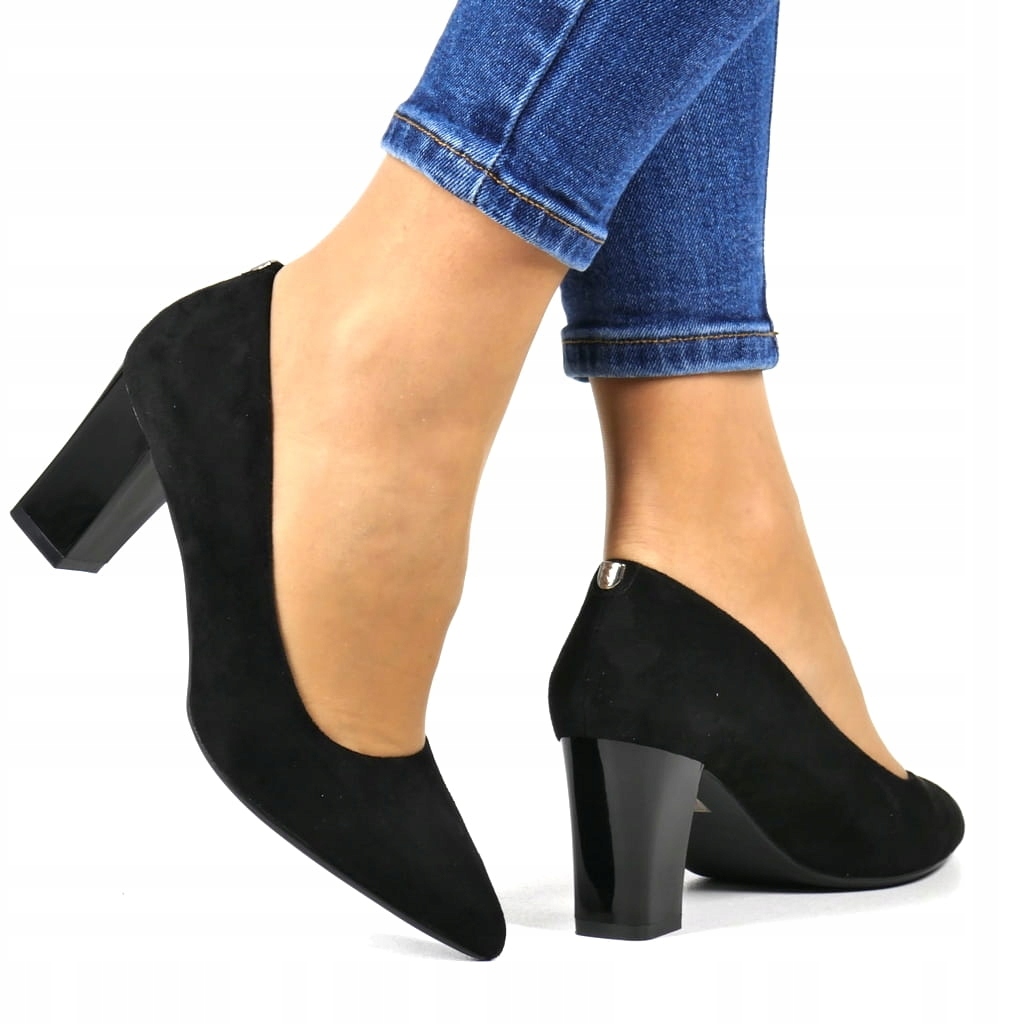 Černé Semišové Lodičky Klasické Pěkné Špičaté Kostičky Sloupek Elegantní