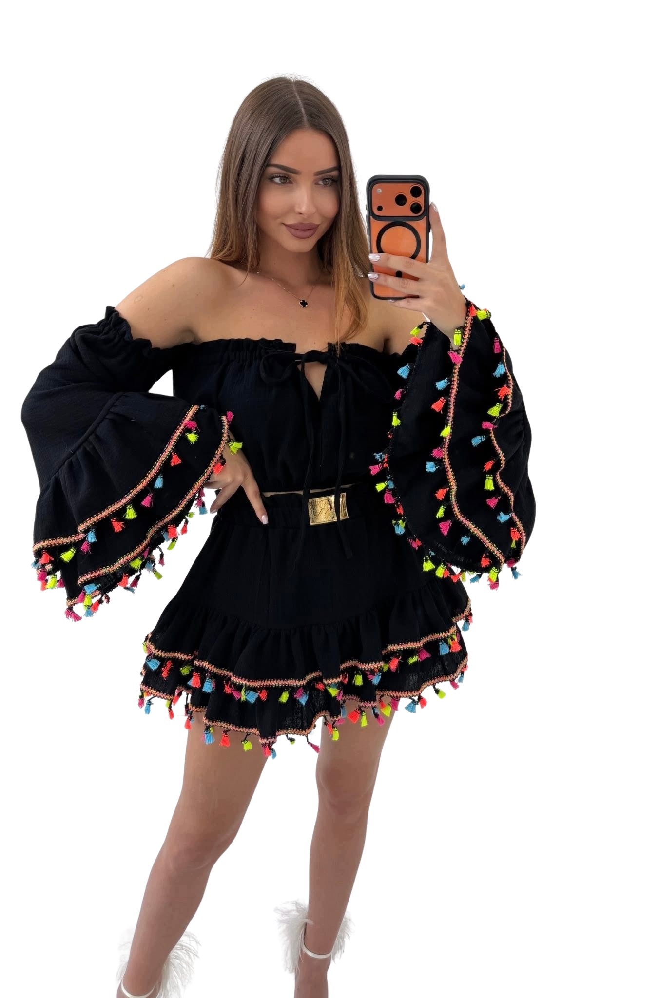 Dámský komplet Vasari Zanzi černý, neonové doplňky, boho mušelín