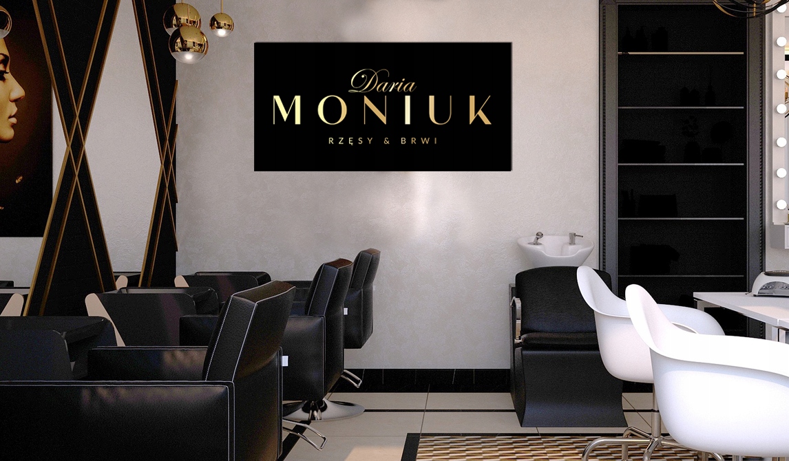 ELEGANCKA REKLAMA FIRMY / CZARNA BIAŁA TABLICA ZE ZŁOTYM LOGO GLAMOUR SZYLD Materiał wykonania tworzywo sztuczne