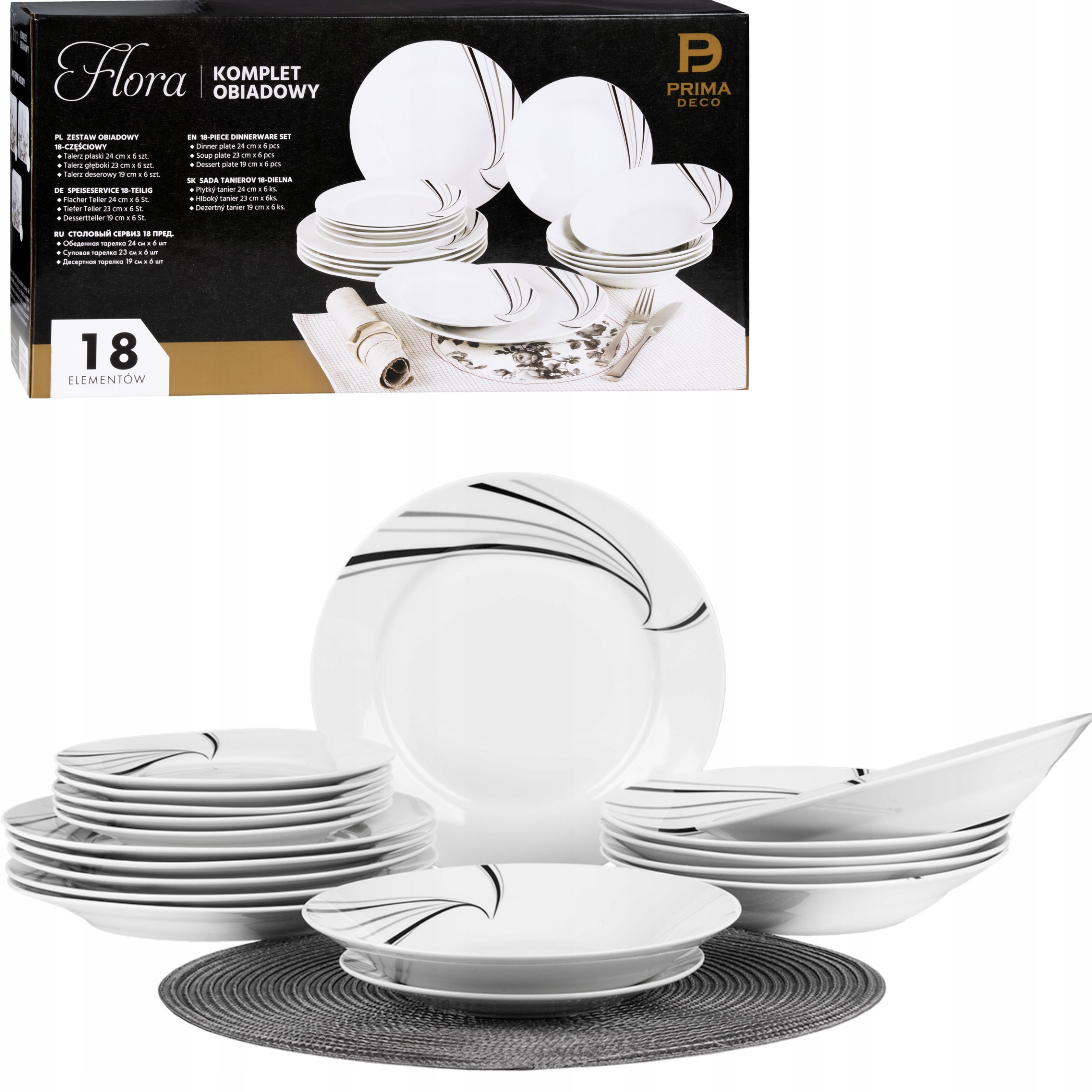 KOMPLET OBIADOWY KWADRTA FLORA CZARNA MOZAIK 18-EL SERWIS NA 6 OSÓB KOLOR
