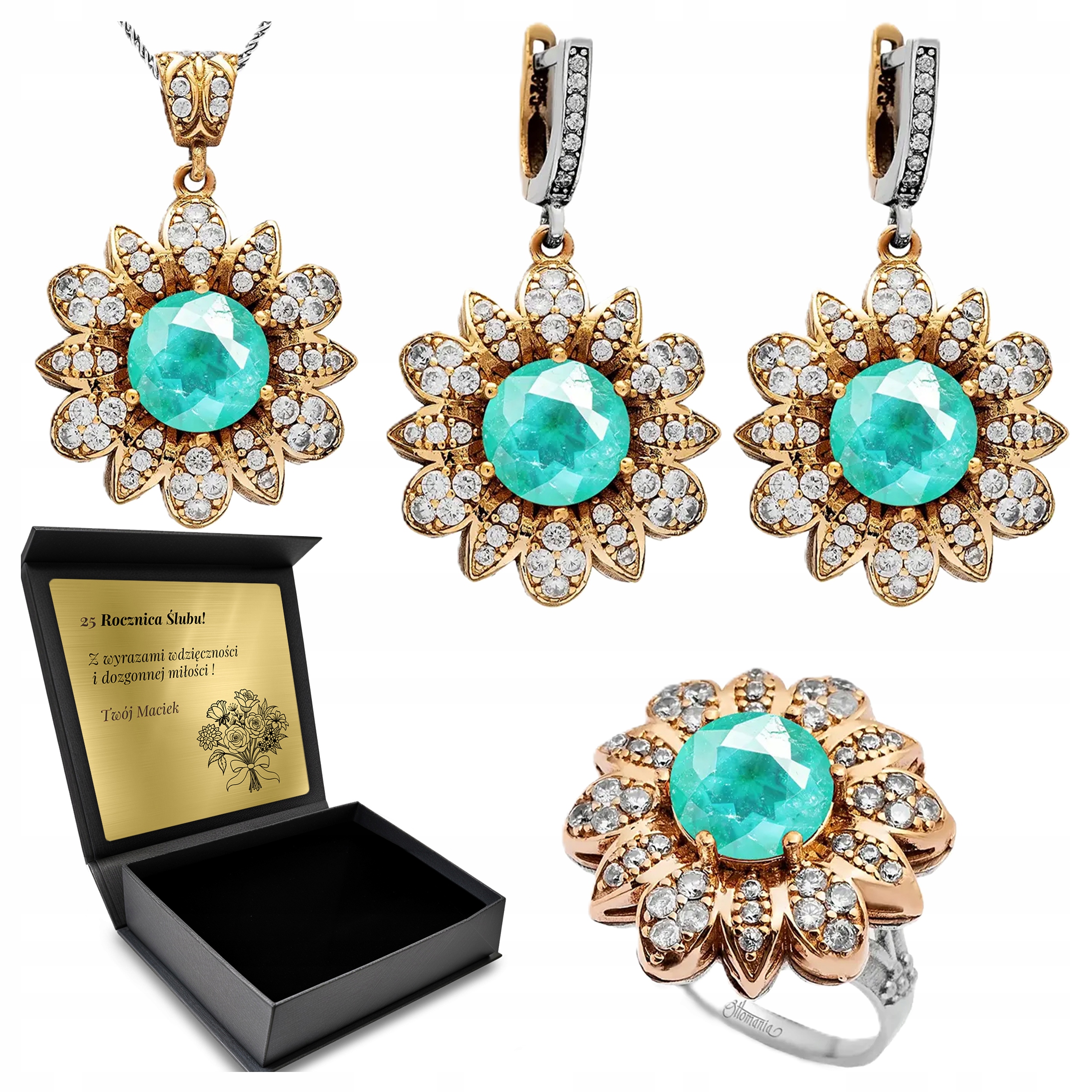 Sada Stříbrných Šperků 925 Zirkony Turmalín Set Pro Ženu Gravírování