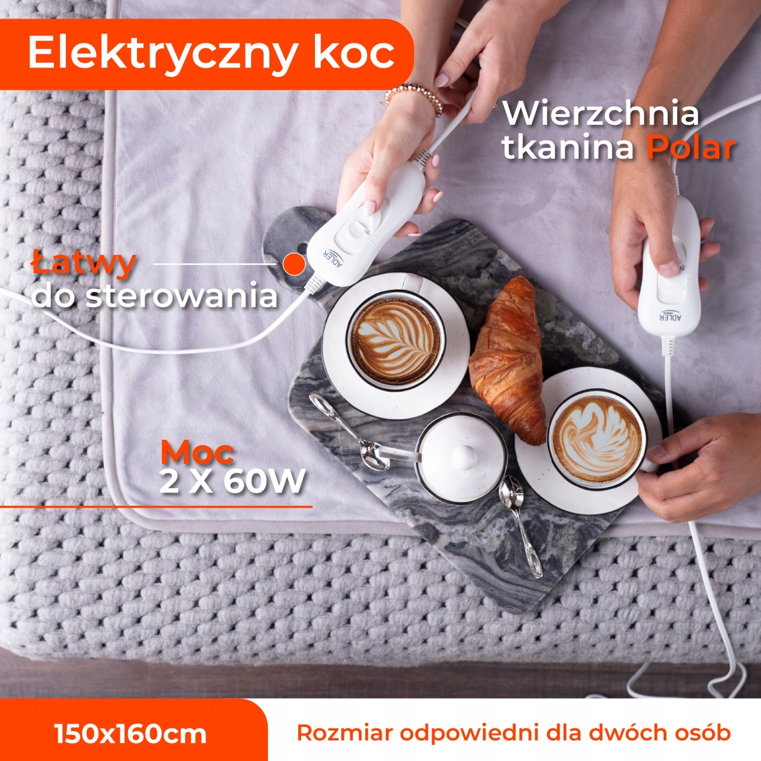 Podwójny Elektryczny Koc Podkładowy Adler AD 7426 z Pilotem 160x150cm
