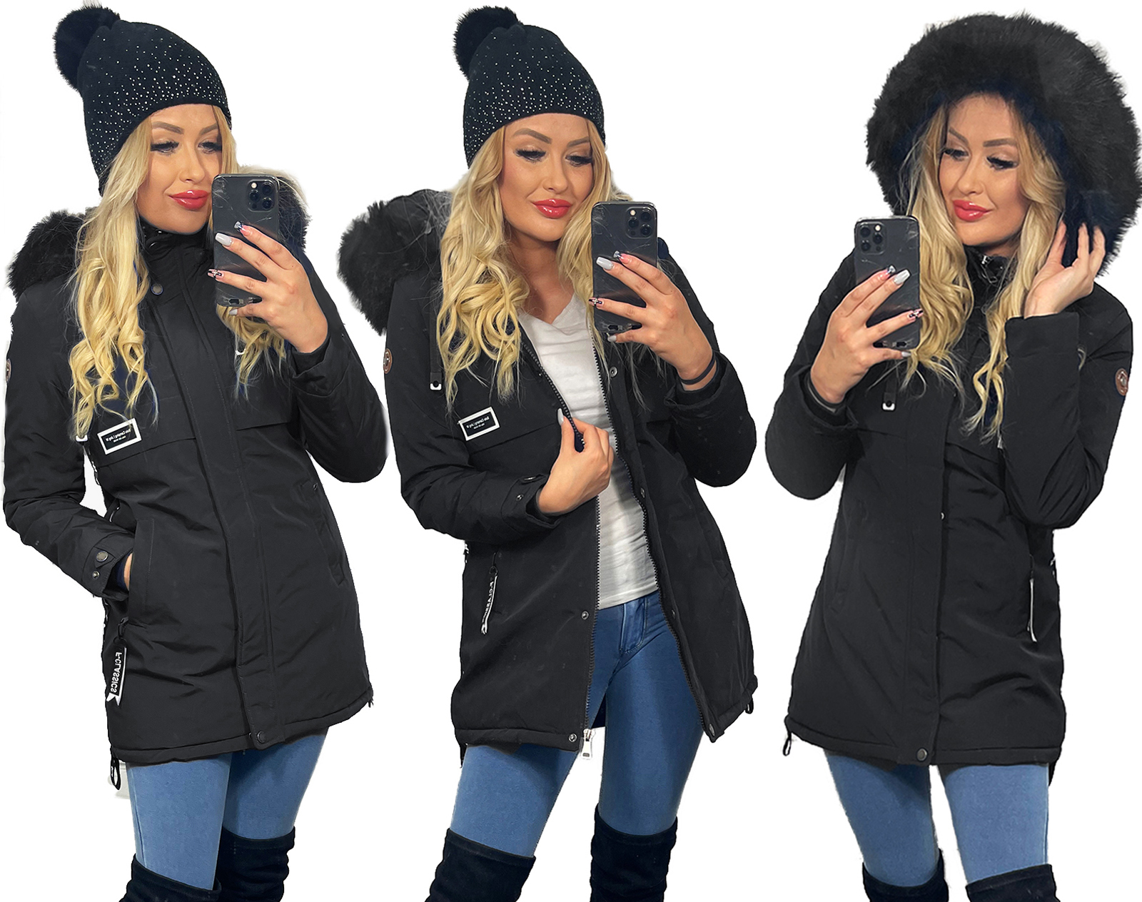 Zateplený Delší Teplý Kabát S Kapucí Dámský Zimní Vypasovaný 7XL