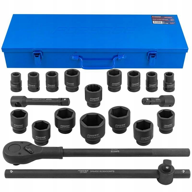 ZESTAW KLUCZY NASADOWYCH UDAROWYCH NASADKI 3/4 21 EL 17-50MM 6-KĄTNE 12-KĄT Stan opakowania oryginalne