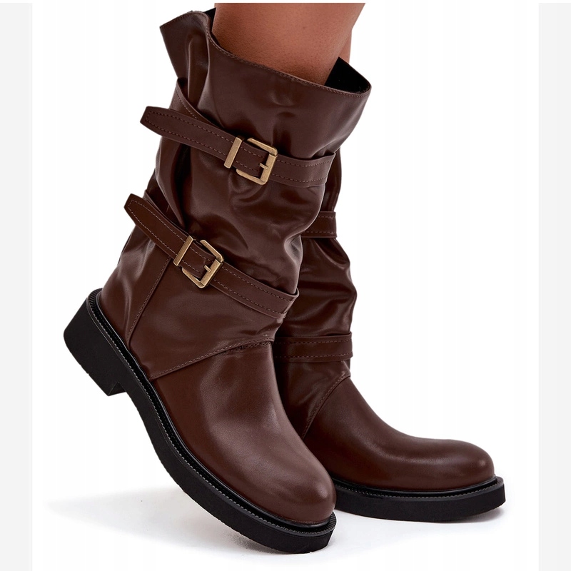 Kozačky Z Eko Kůže, Zasouvací Do Poloviny Lýtka, Pásky S Přezkami, Hnědé, Velikost 38