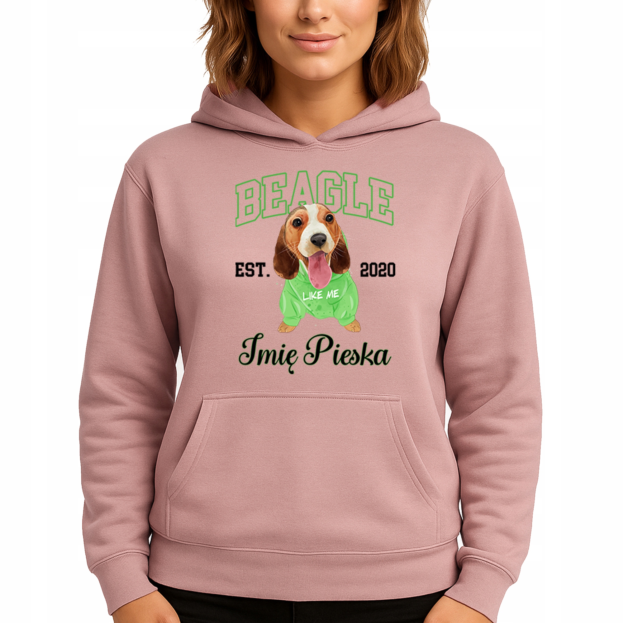 Mikina S Kapucí Růžová bavlněná mikina Beagle *Jméno psa* M